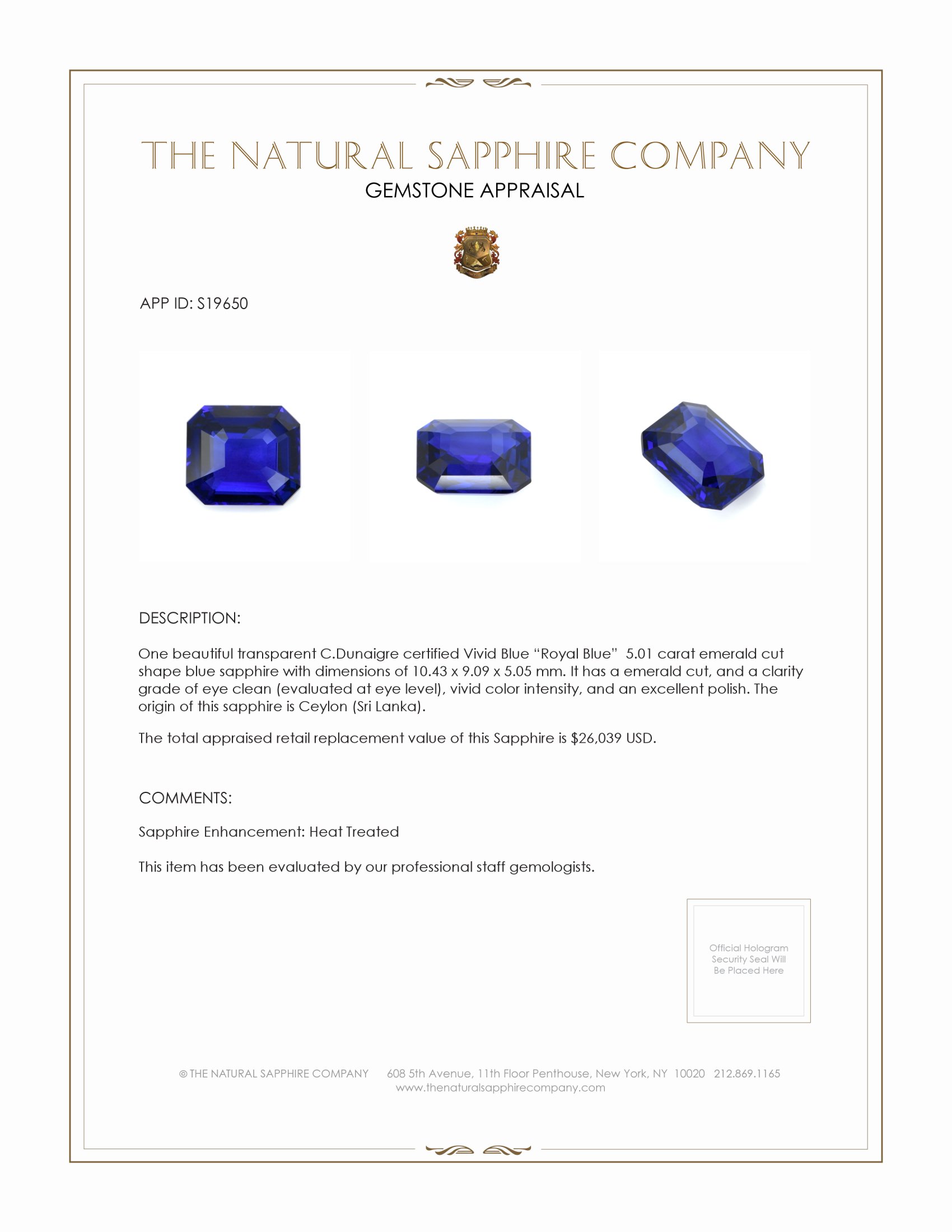 5.01 Ct. Blue Sapphire from Ceylon (Sri Lanka)