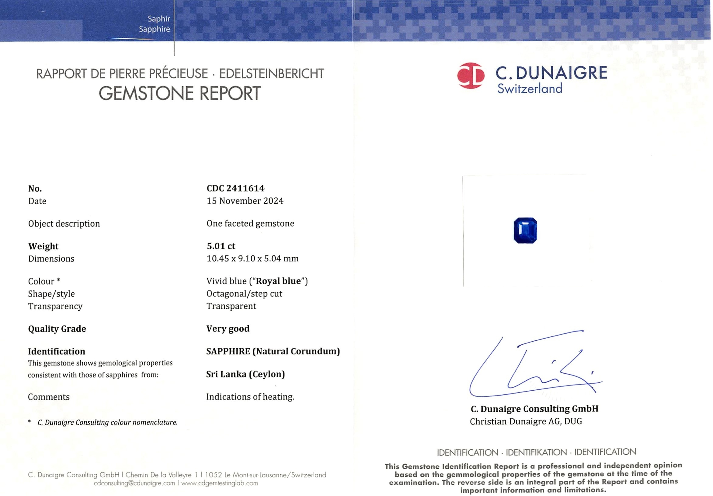 5.01 Ct. Blue Sapphire from Ceylon (Sri Lanka)