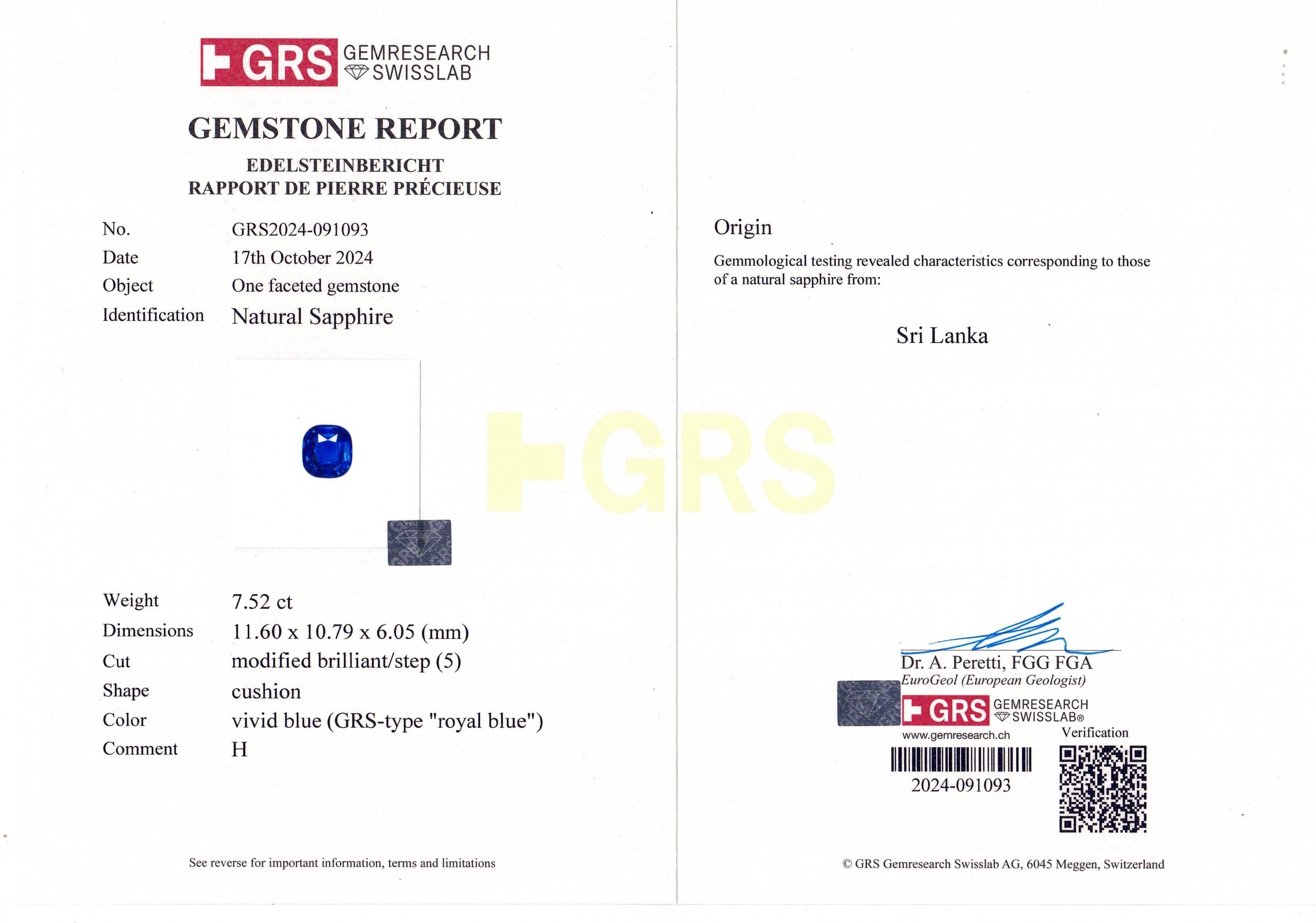 7.51 Ct. Blue Sapphire from Ceylon (Sri Lanka)