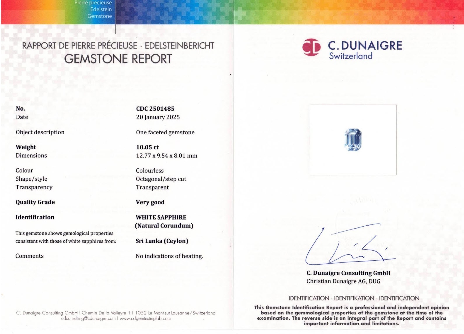 10.05 Ct. White Sapphire from Ceylon (Sri Lanka)