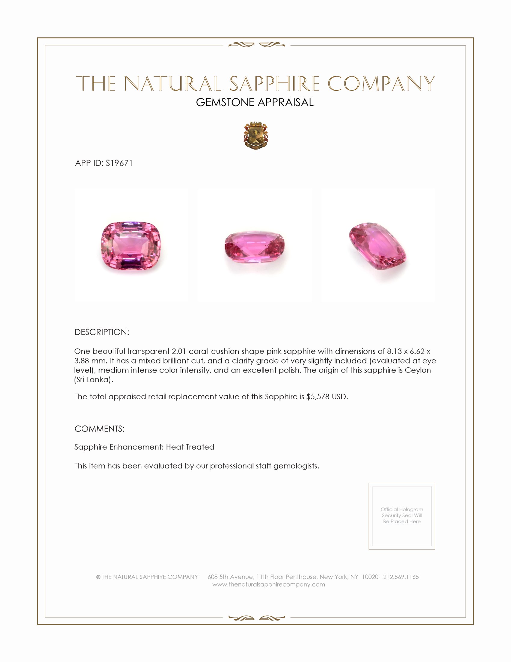 2.01 Ct. Pink Sapphire from Ceylon (Sri Lanka)