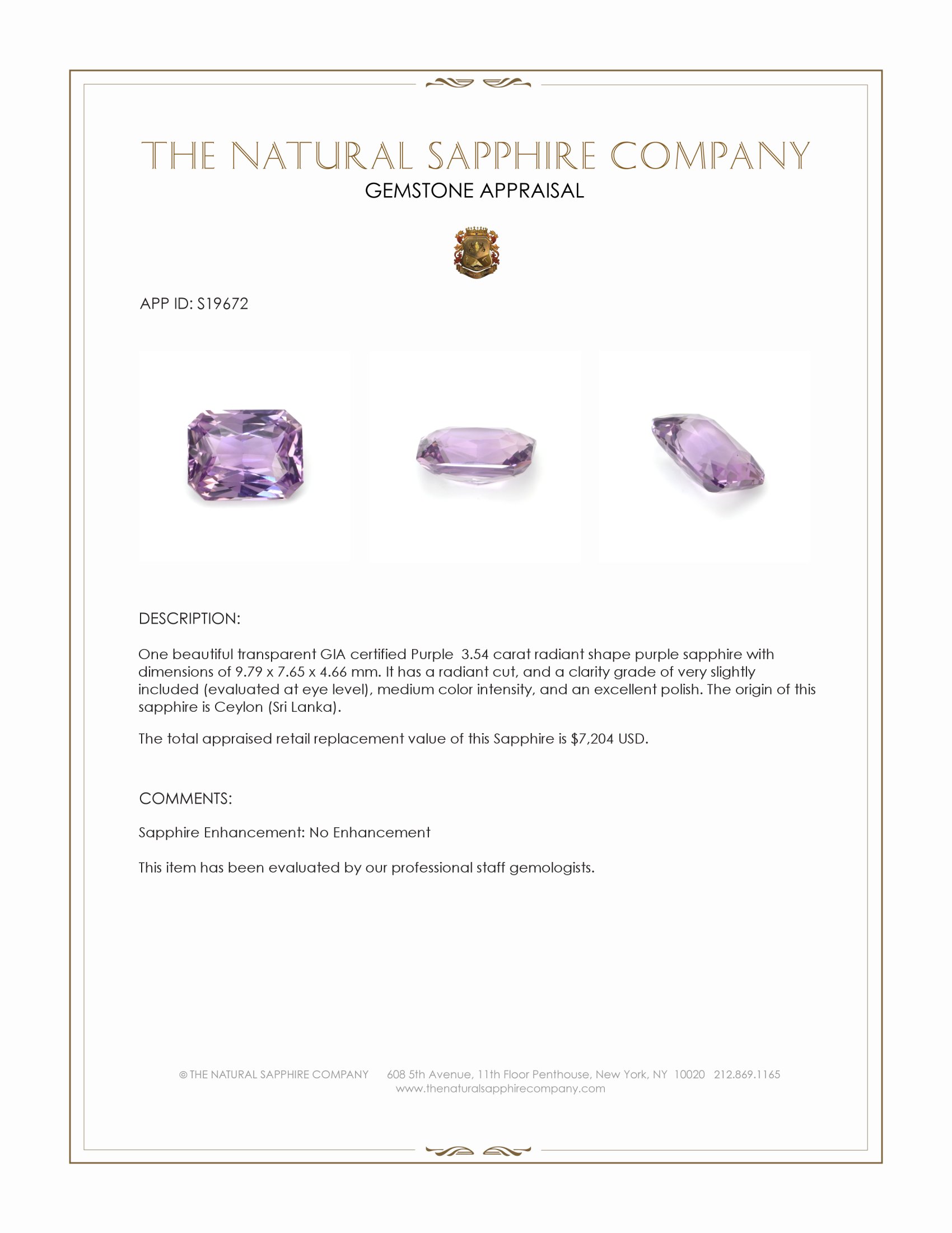 3.54 Ct. Purple Sapphire from Ceylon (Sri Lanka)