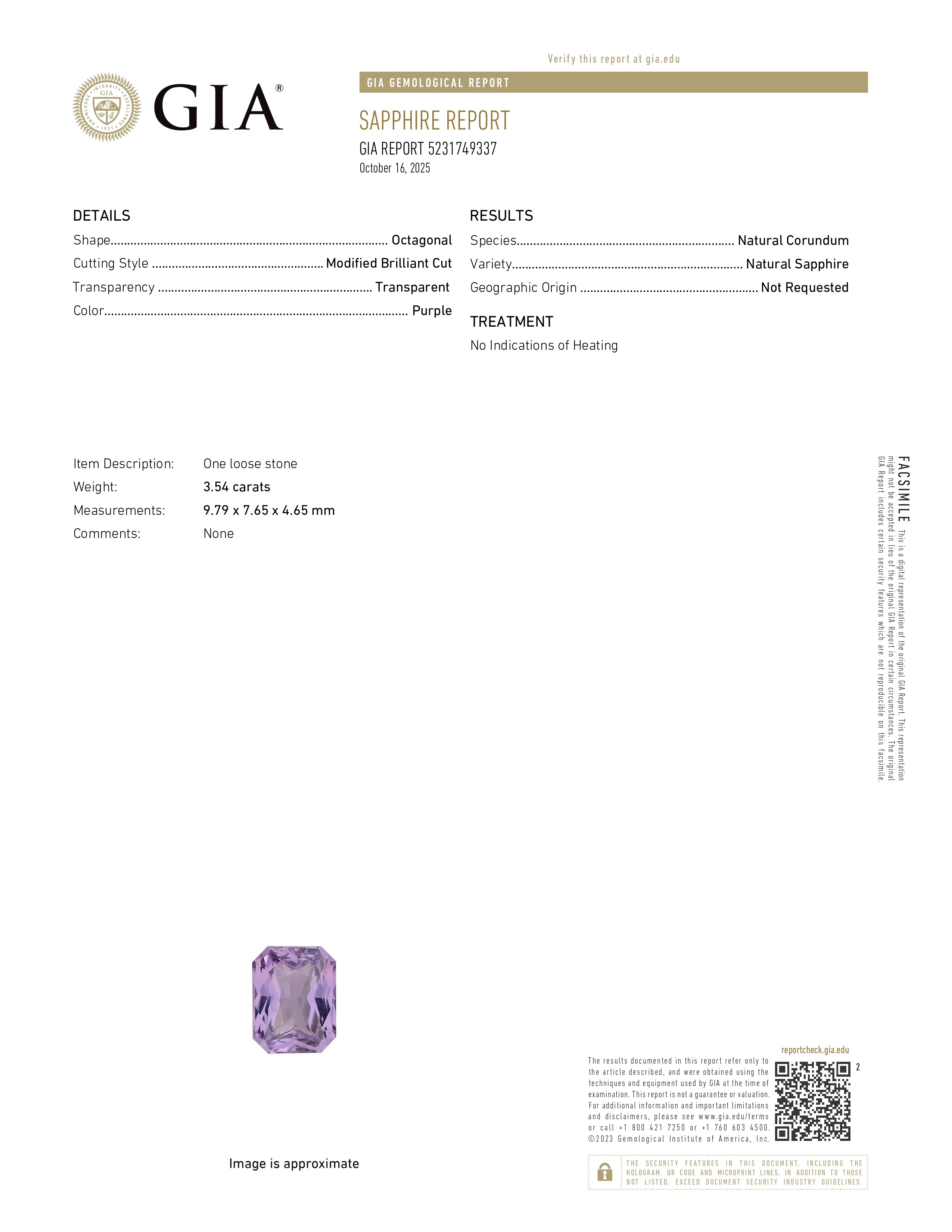 3.54 Ct. Purple Sapphire from Ceylon (Sri Lanka)