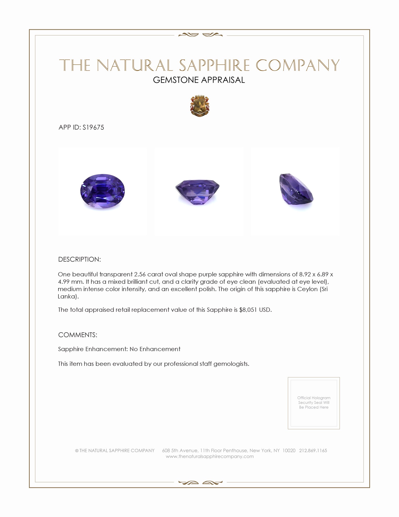 2.56 Ct. Purple Sapphire from Ceylon (Sri Lanka)