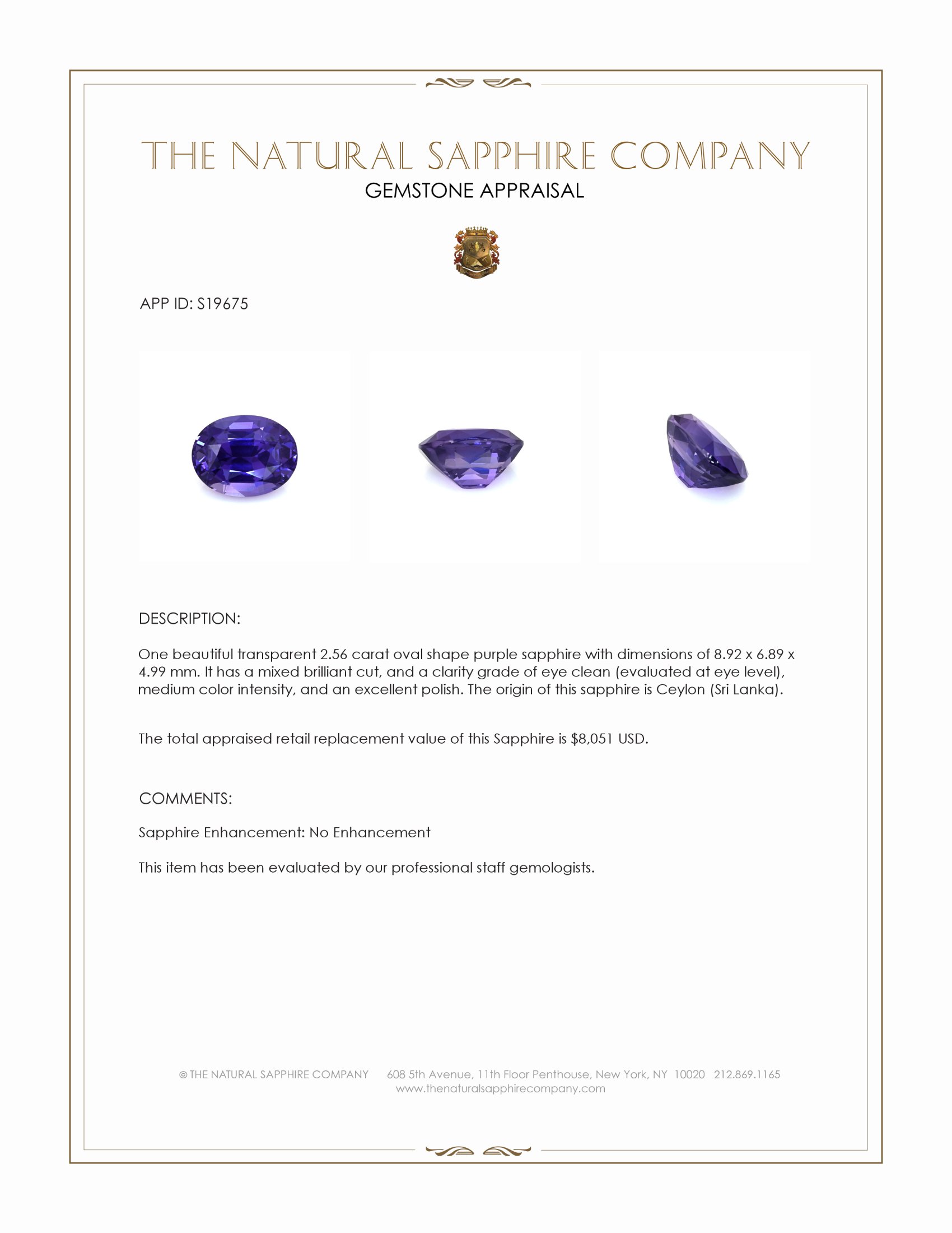 2.56 Ct. Purple Sapphire from Ceylon (Sri Lanka)