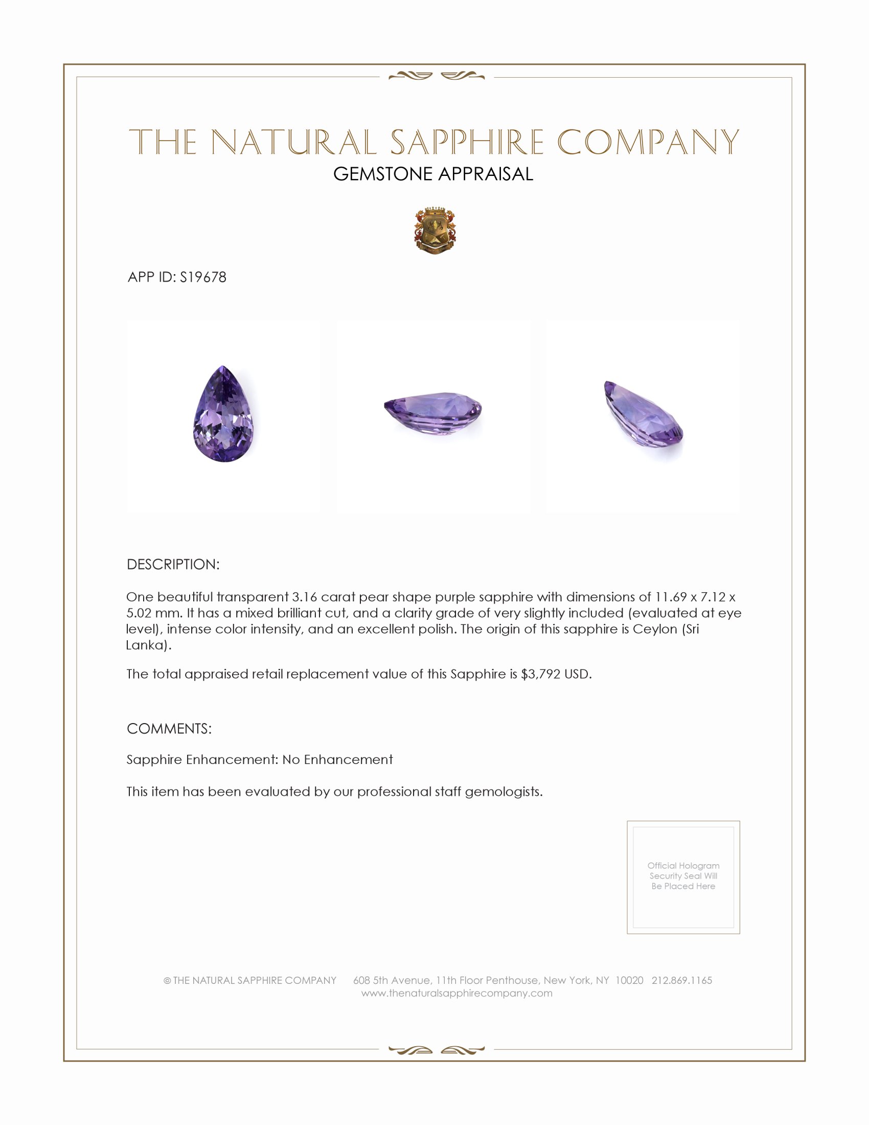3.16 Ct. Purple Sapphire from Ceylon (Sri Lanka)