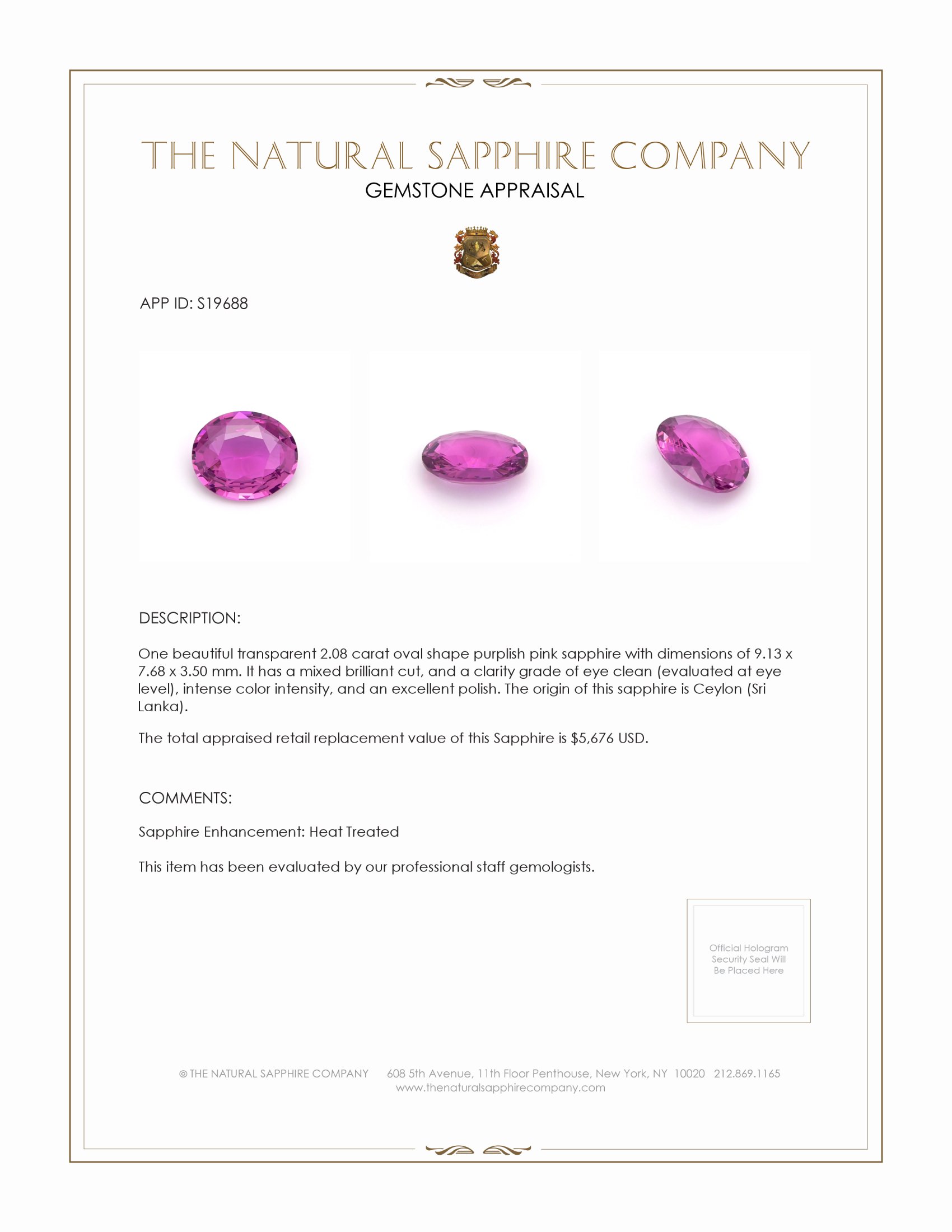 2.08 Ct. Purplish Pink Sapphire from Ceylon (Sri Lanka)