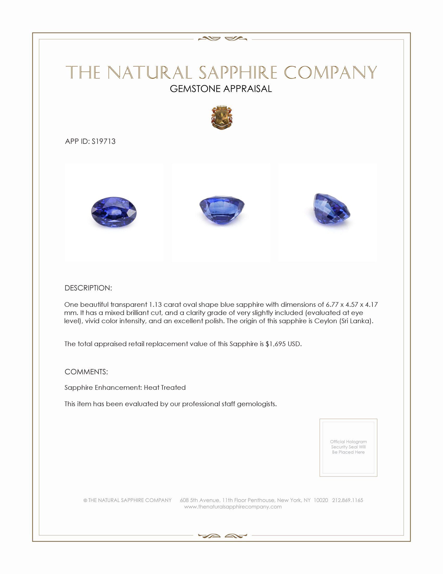 1.13 Ct. Blue Sapphire from Ceylon (Sri Lanka)