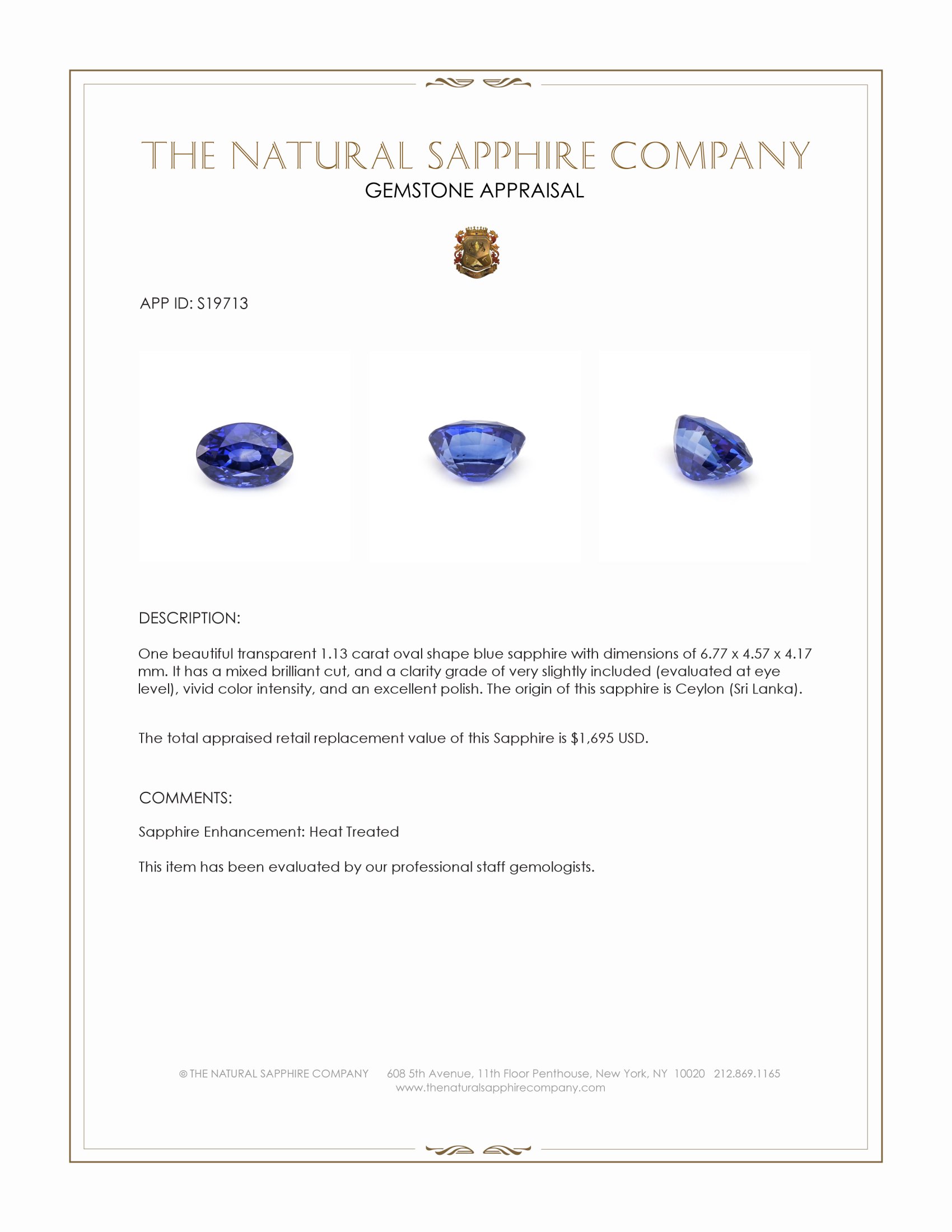 1.13 Ct. Blue Sapphire from Ceylon (Sri Lanka)