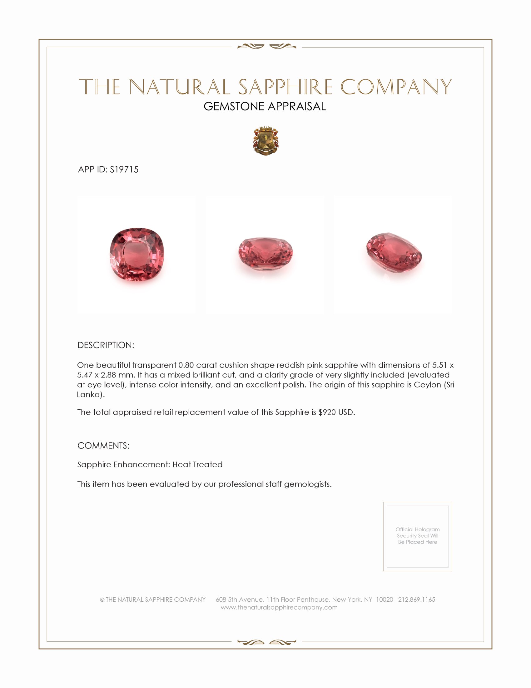0.80 Ct. Reddish Pink Sapphire from Ceylon (Sri Lanka)