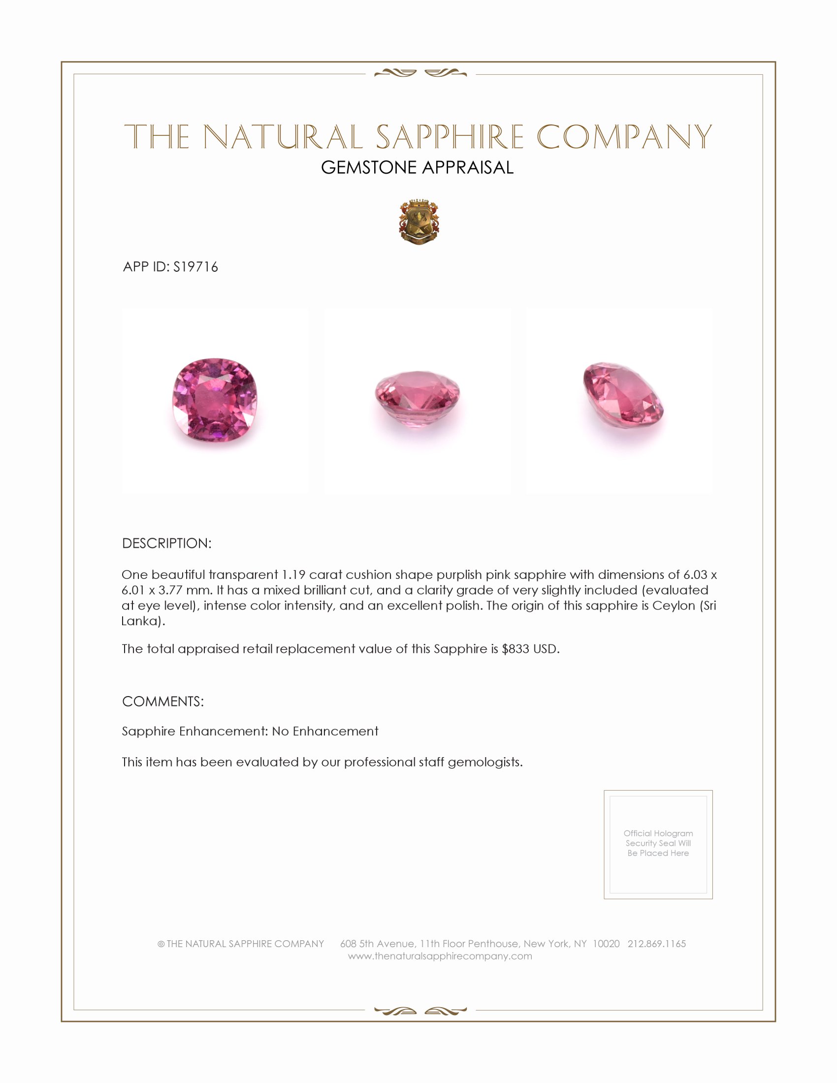 1.19 Ct. Purplish Pink Sapphire from Ceylon (Sri Lanka)