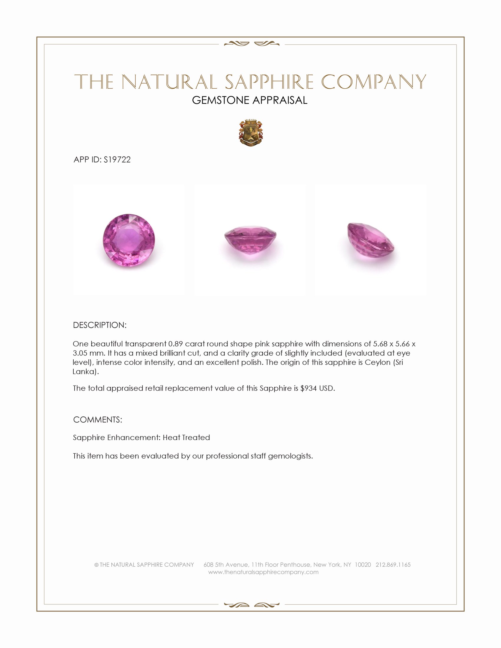 0.89 Ct. Pink Sapphire from Ceylon (Sri Lanka)