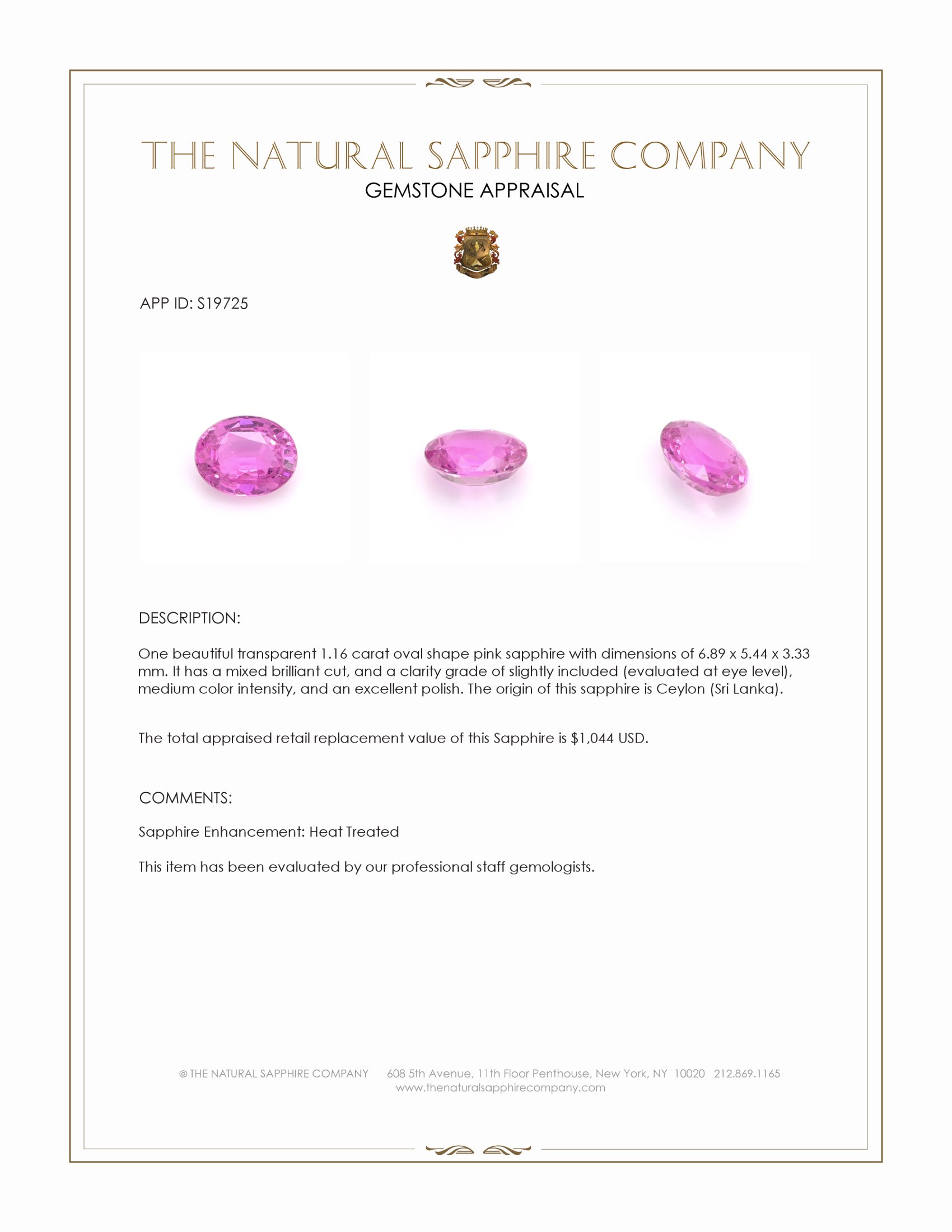 1.16 Ct. Pink Sapphire from Ceylon (Sri Lanka)
