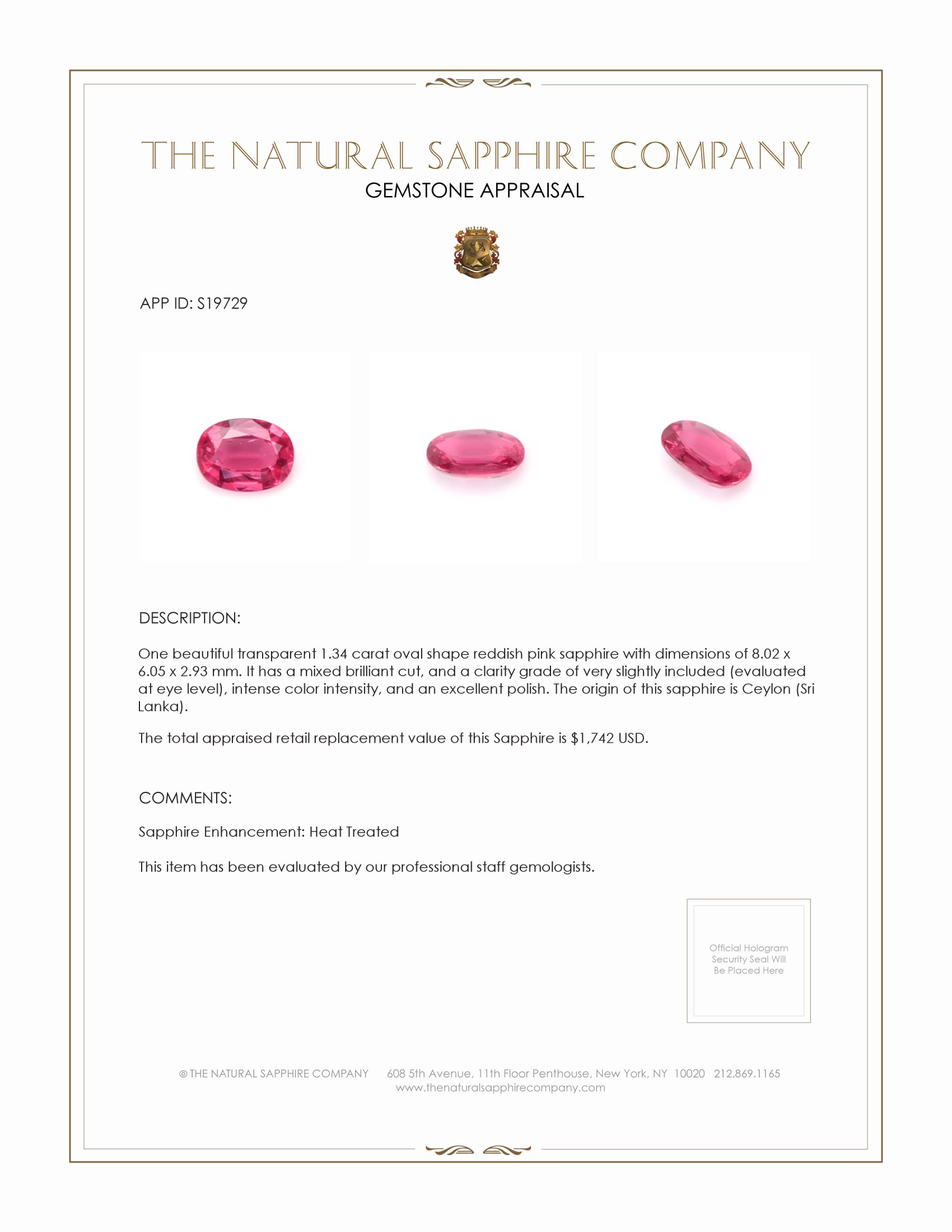 1.34 Ct. Reddish Pink Sapphire from Ceylon (Sri Lanka)