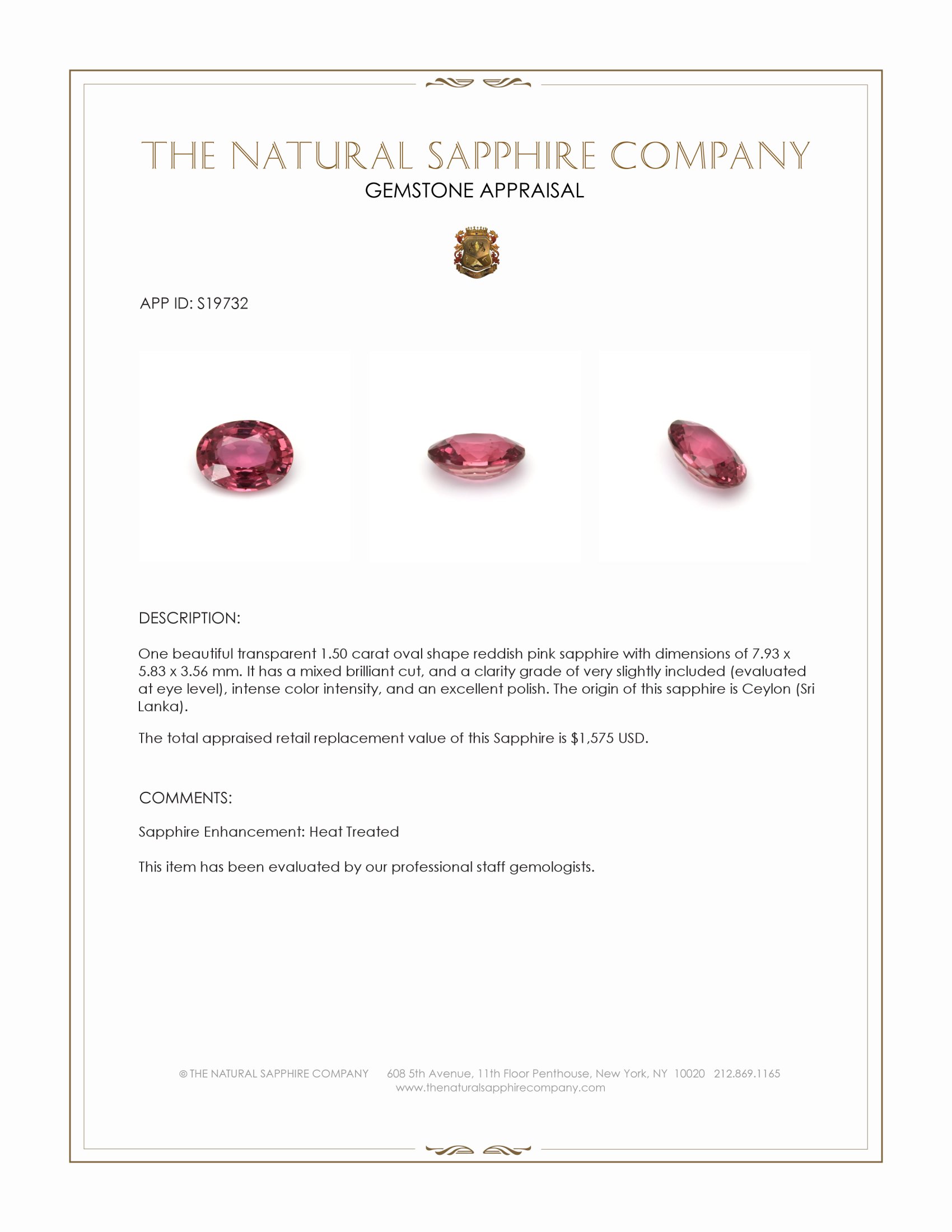 1.50 Ct. Reddish Pink Sapphire from Ceylon (Sri Lanka)