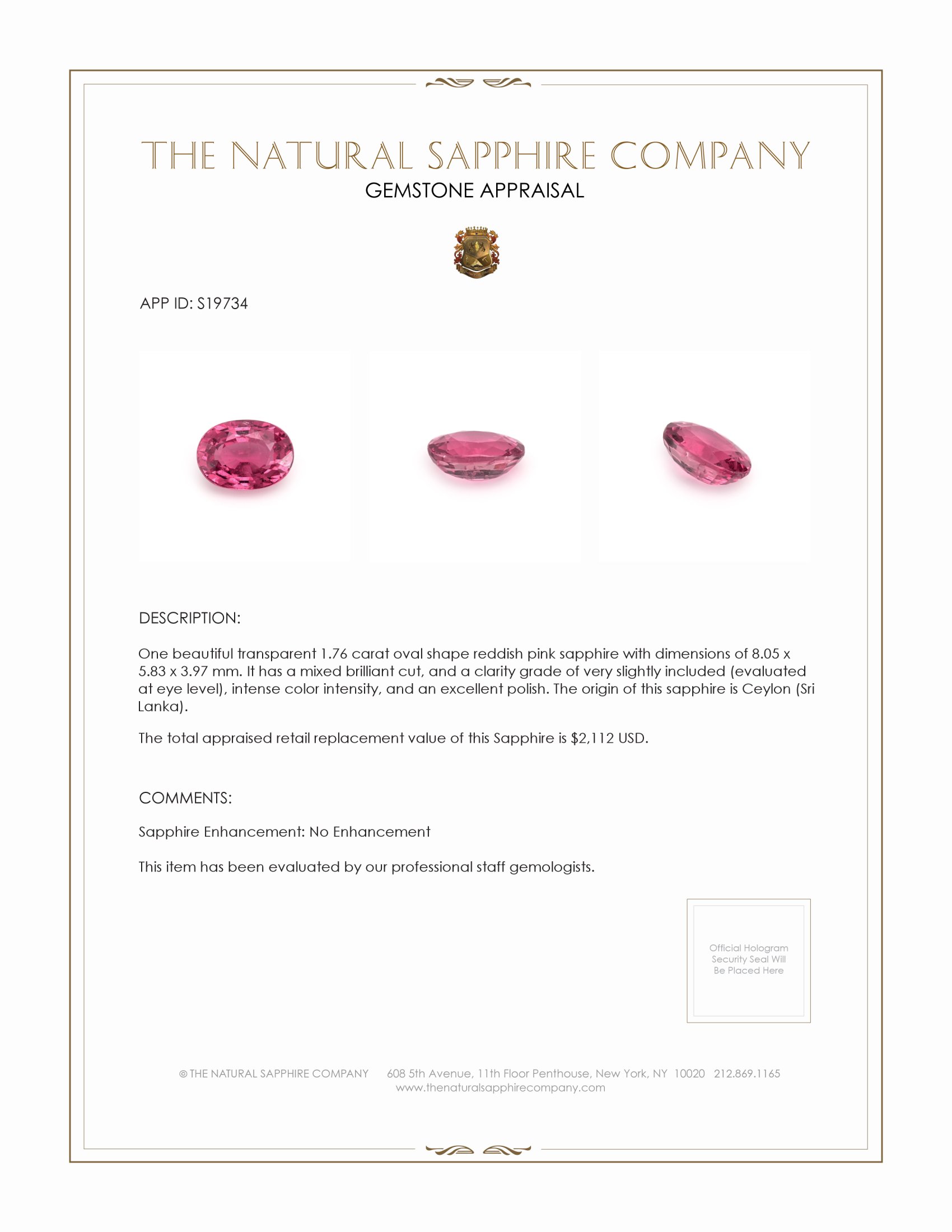 1.76 Ct. Reddish Pink Sapphire from Ceylon (Sri Lanka)