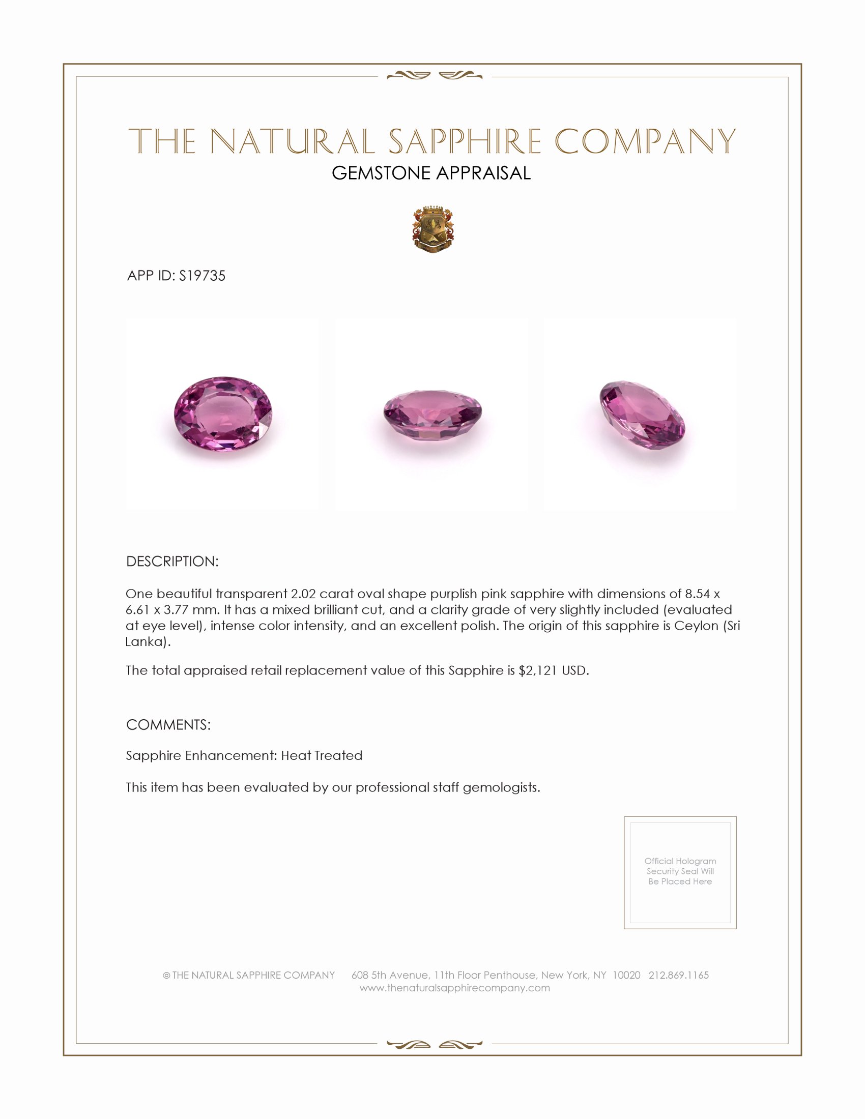2.02 Ct. Purplish Pink Sapphire from Ceylon (Sri Lanka)
