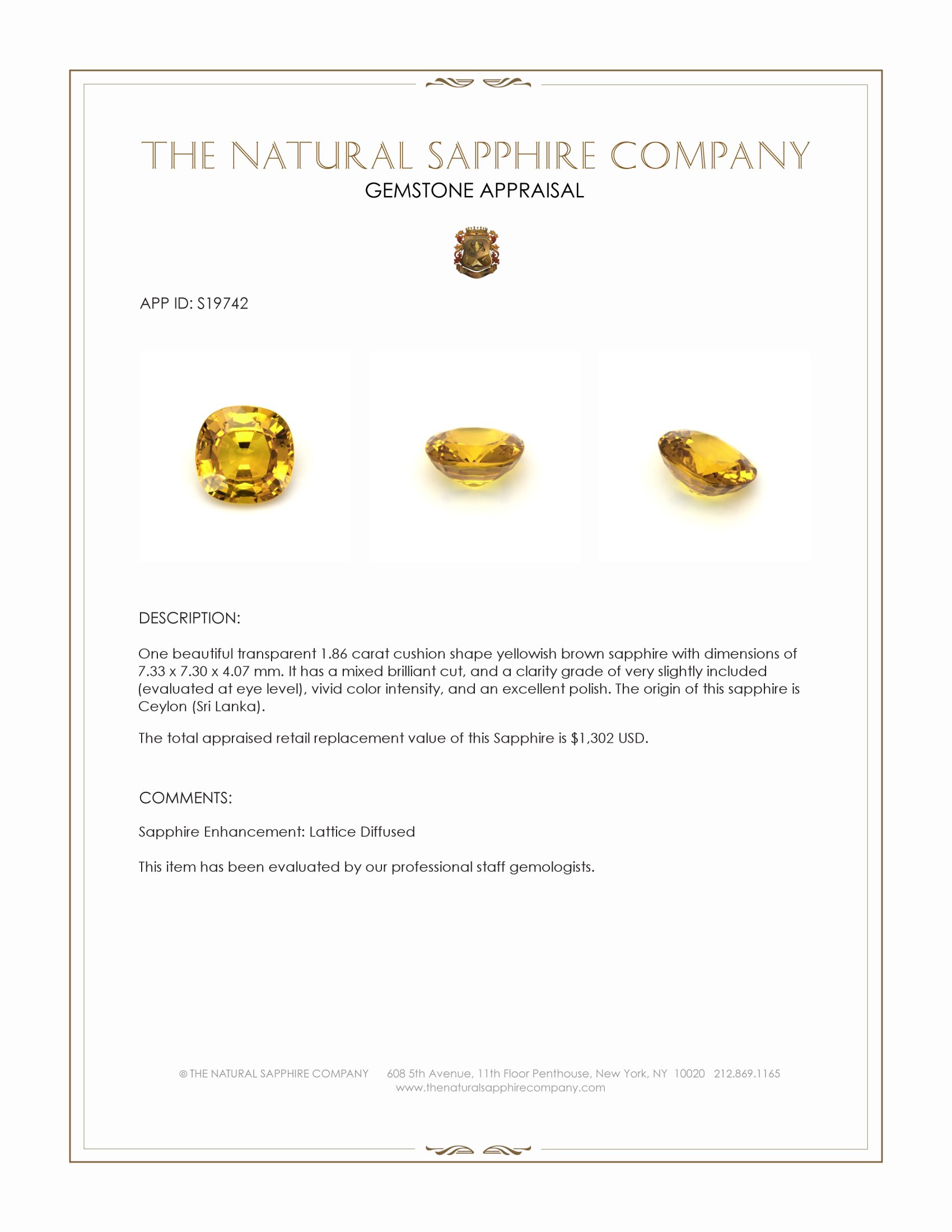 1.86 Ct. Yellowish Brown Sapphire from Ceylon (Sri Lanka)