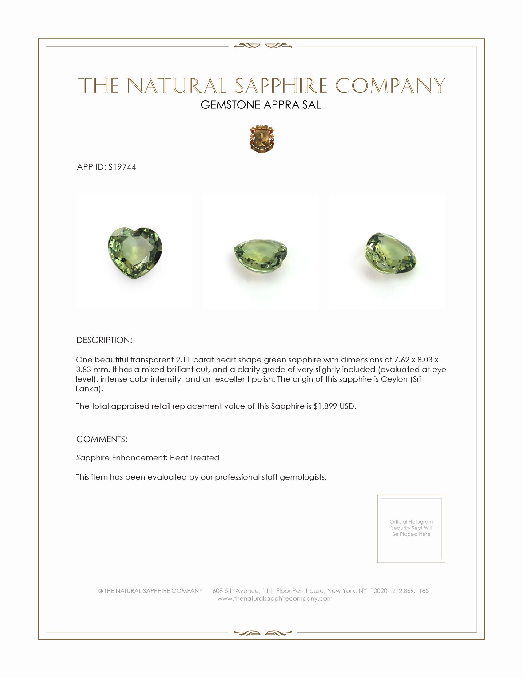 2.11 Ct. Green Sapphire from Ceylon (Sri Lanka)