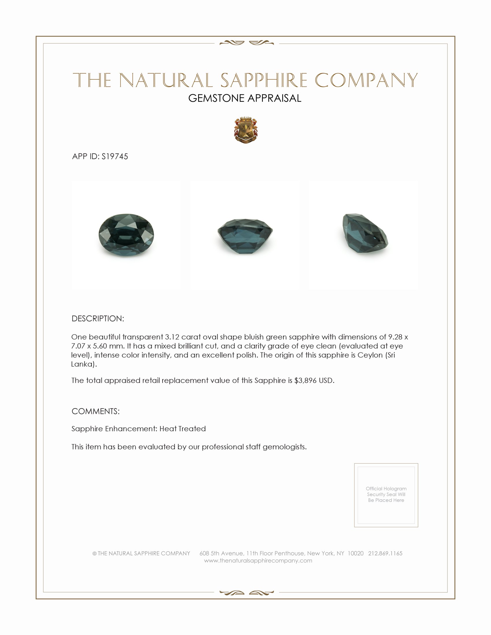 3.12 Ct. Bluish Green Sapphire from Ceylon (Sri Lanka)