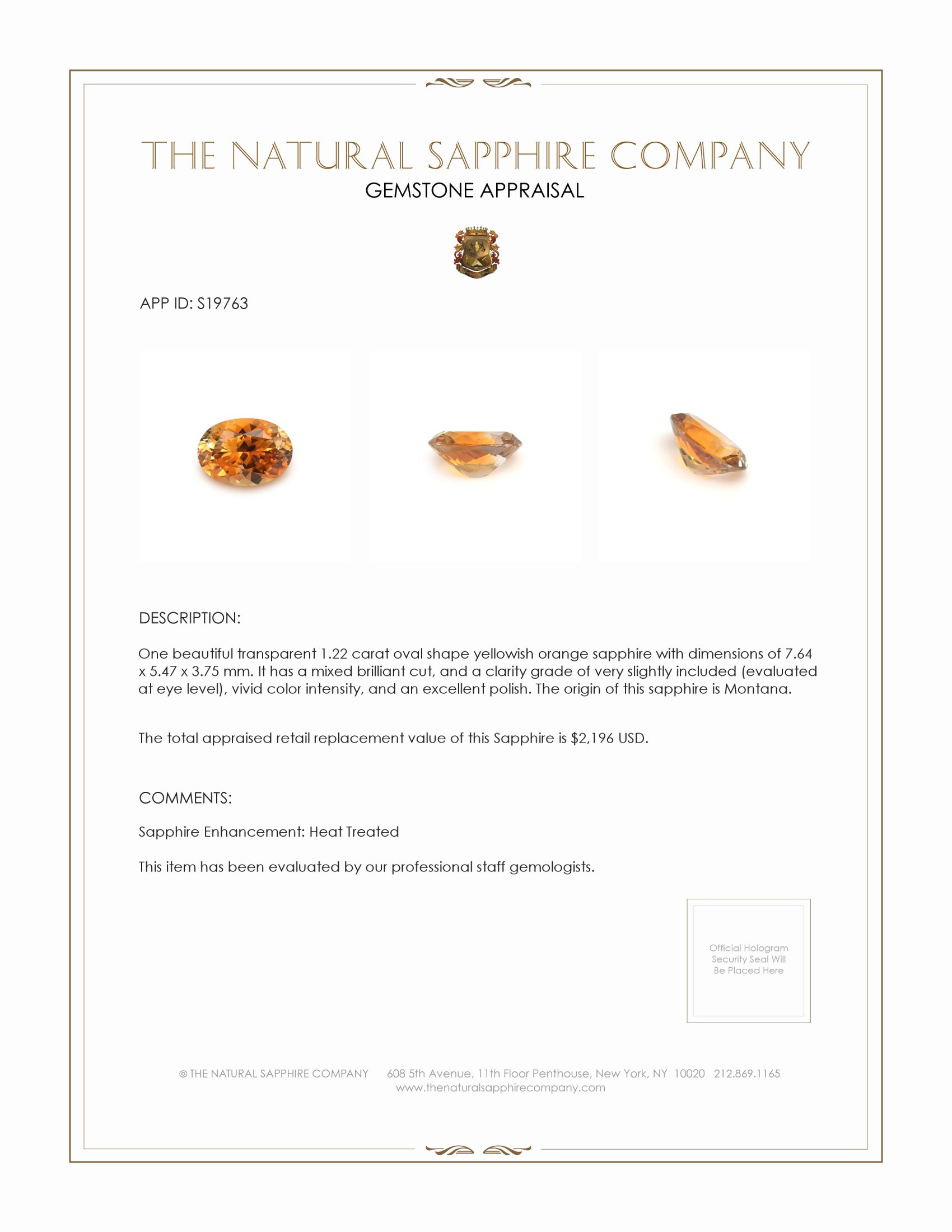 1.22 Ct. Yellowish Orange Sapphire from Montana