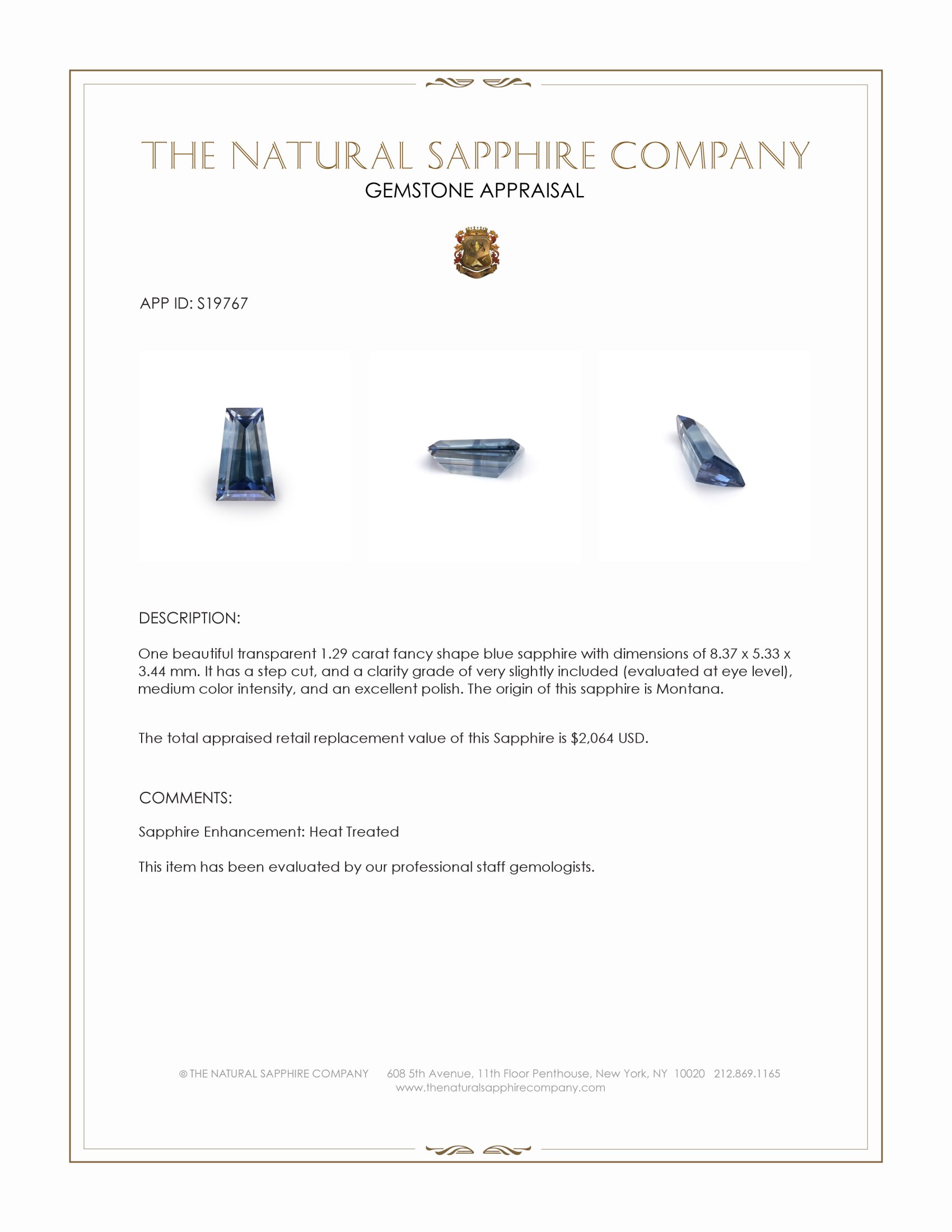 1.29 Ct. Blue Sapphire from Montana