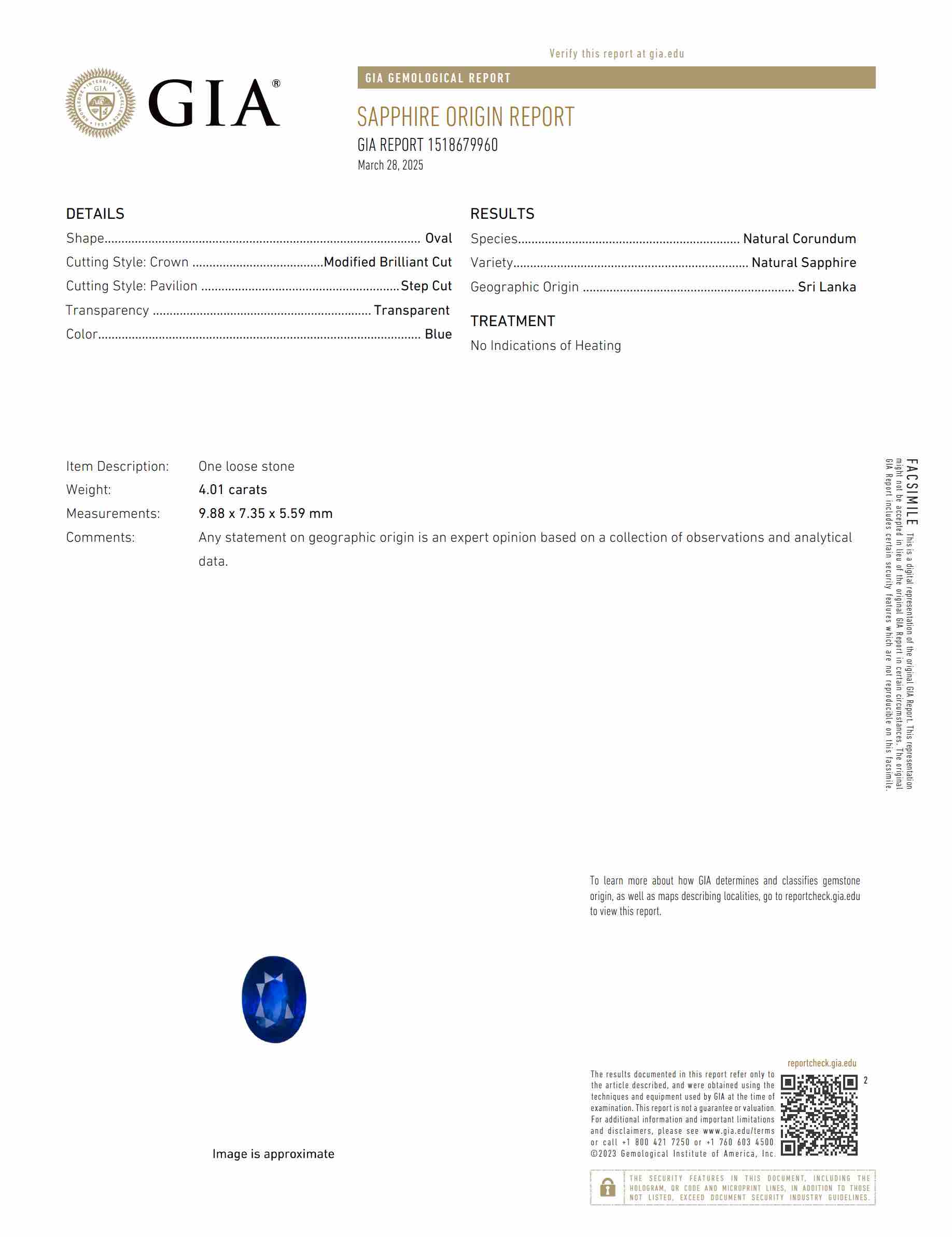 4.01 Ct. Blue Sapphire from Ceylon (Sri Lanka)