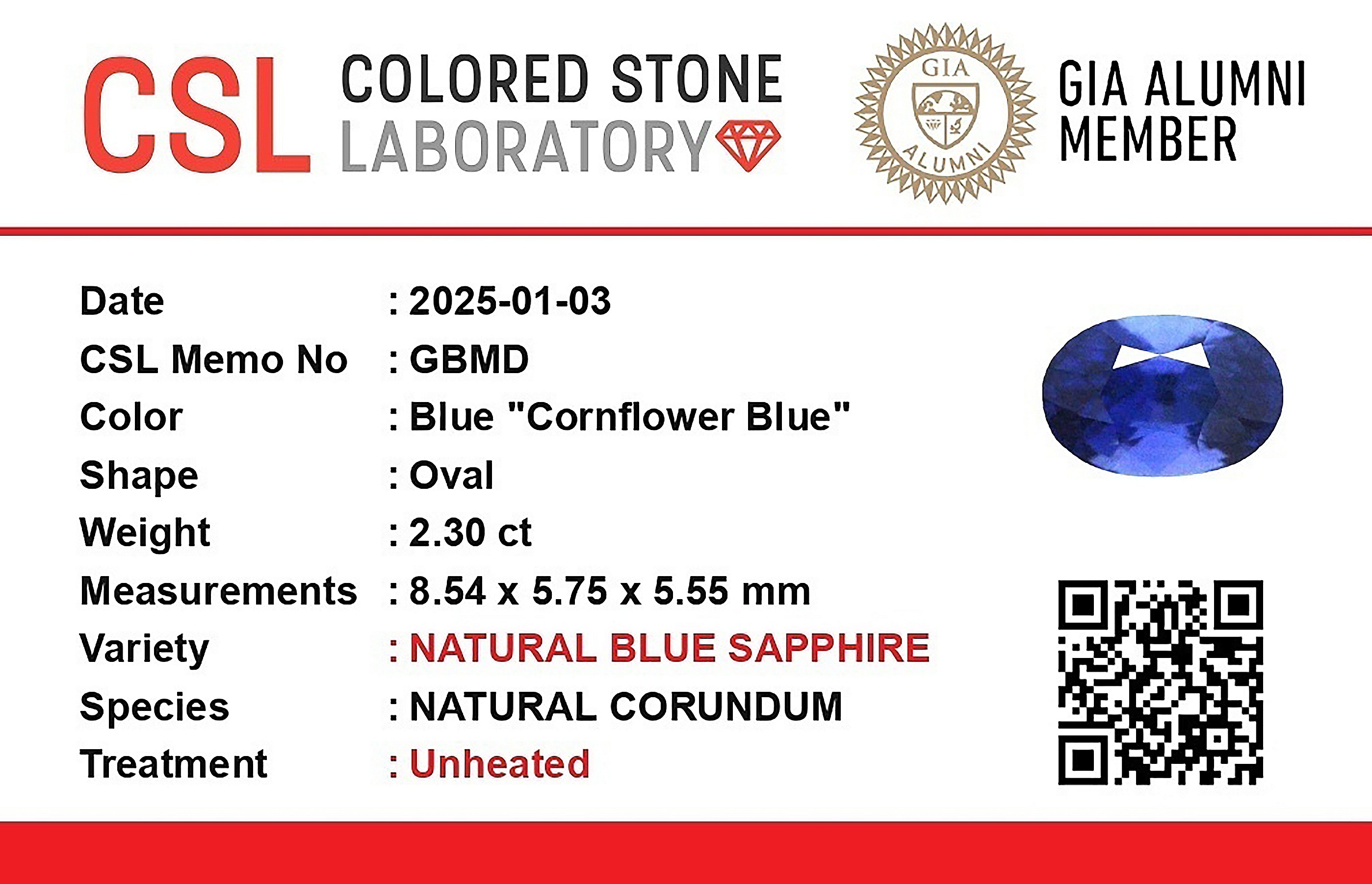 2.30 Ct. Blue Sapphire from Ceylon (Sri Lanka)