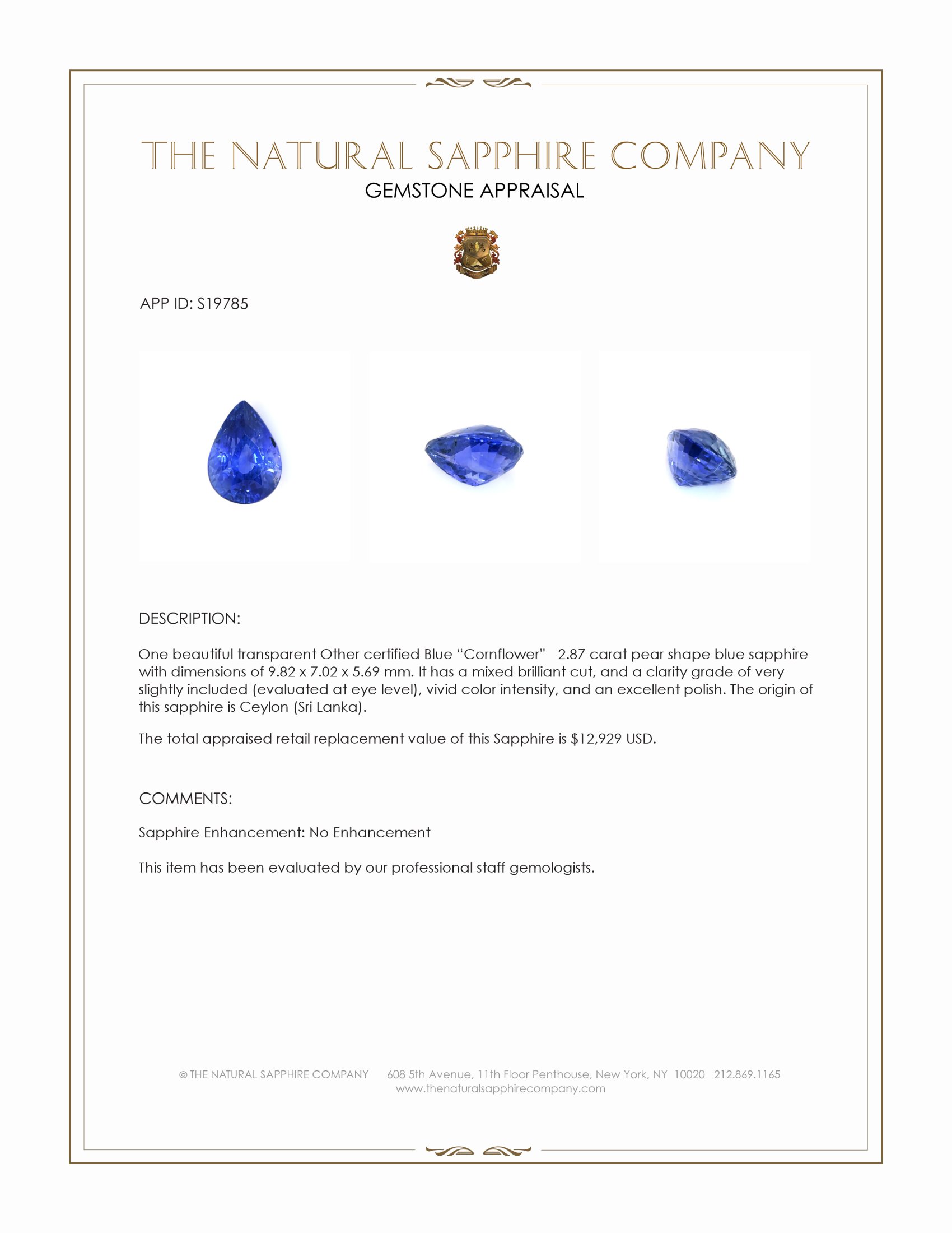 2.87 Ct. Blue Sapphire from Ceylon (Sri Lanka)