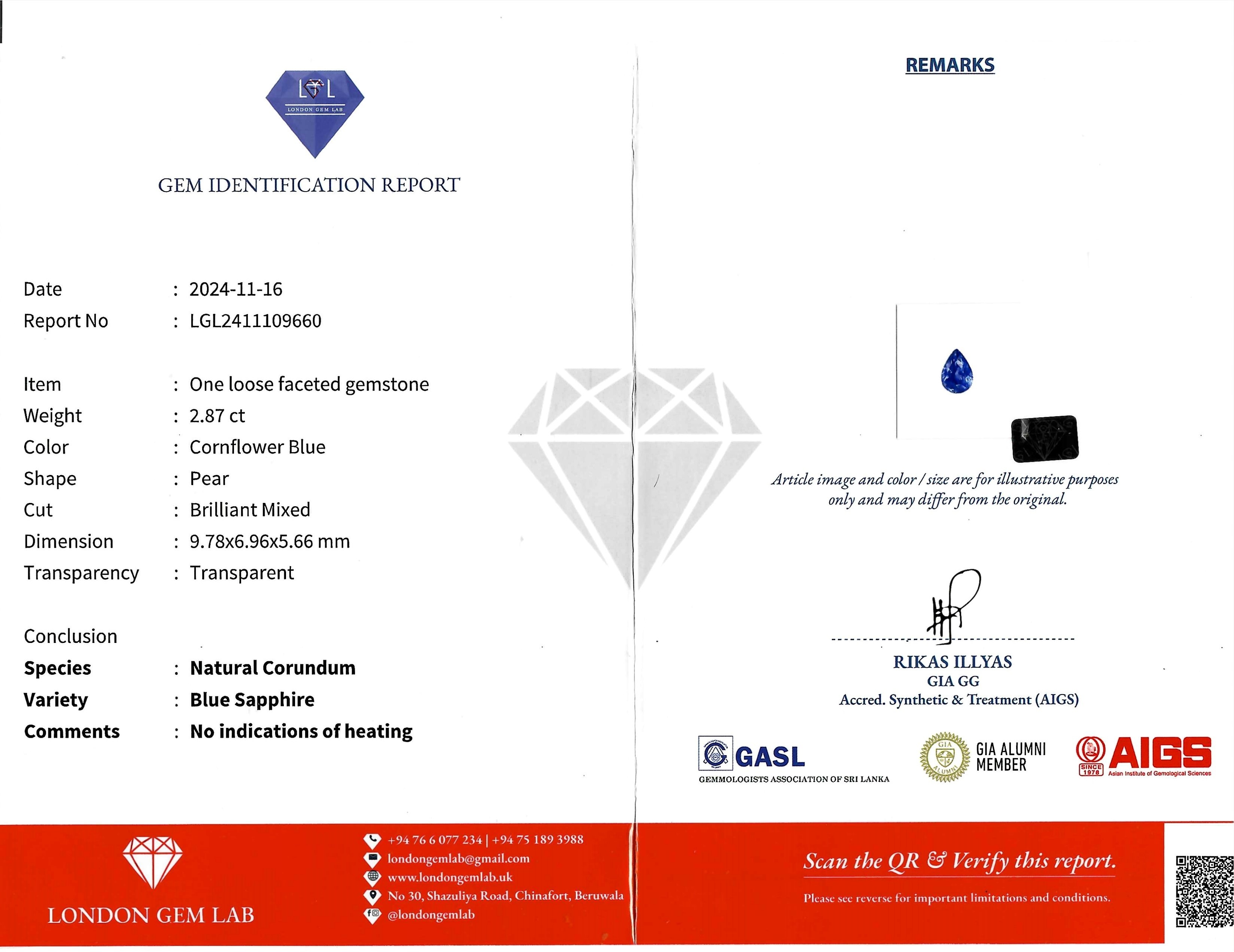 2.87 Ct. Blue Sapphire from Ceylon (Sri Lanka)