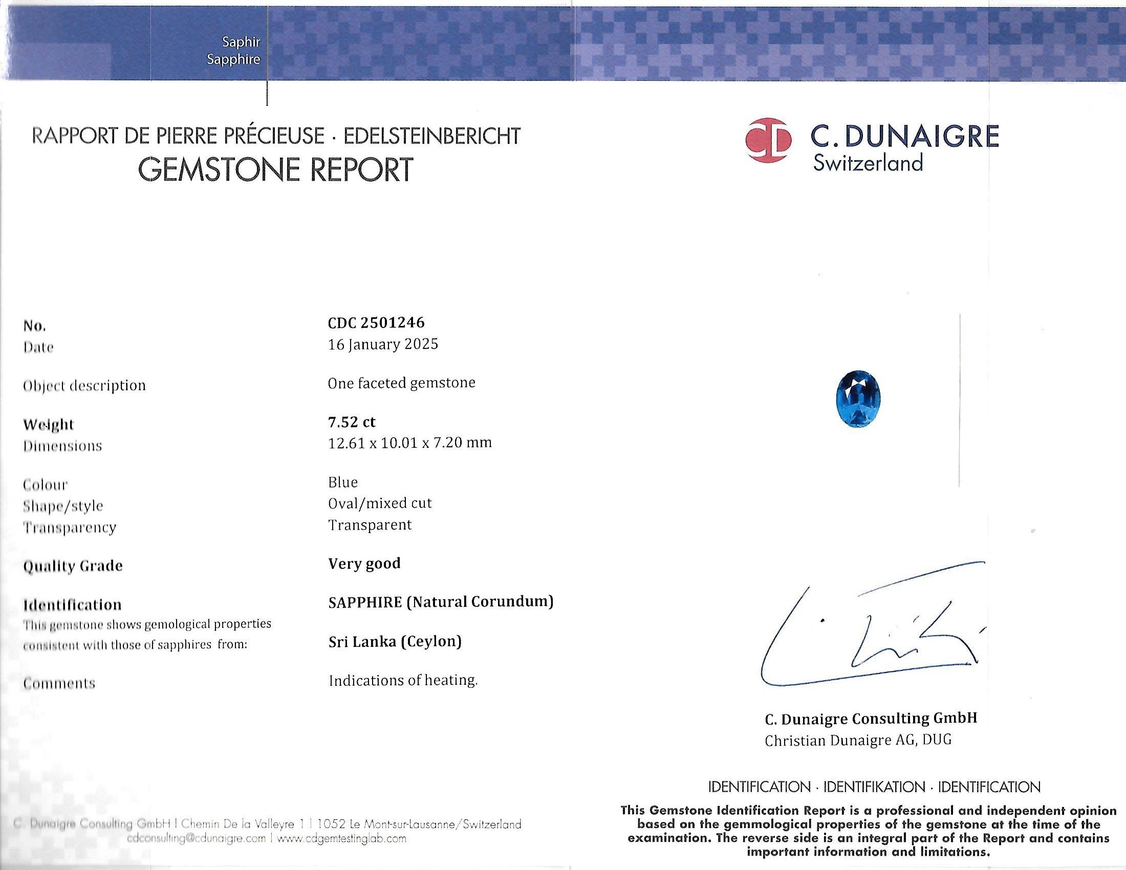 7.52 Ct. Blue Sapphire from Ceylon (Sri Lanka)