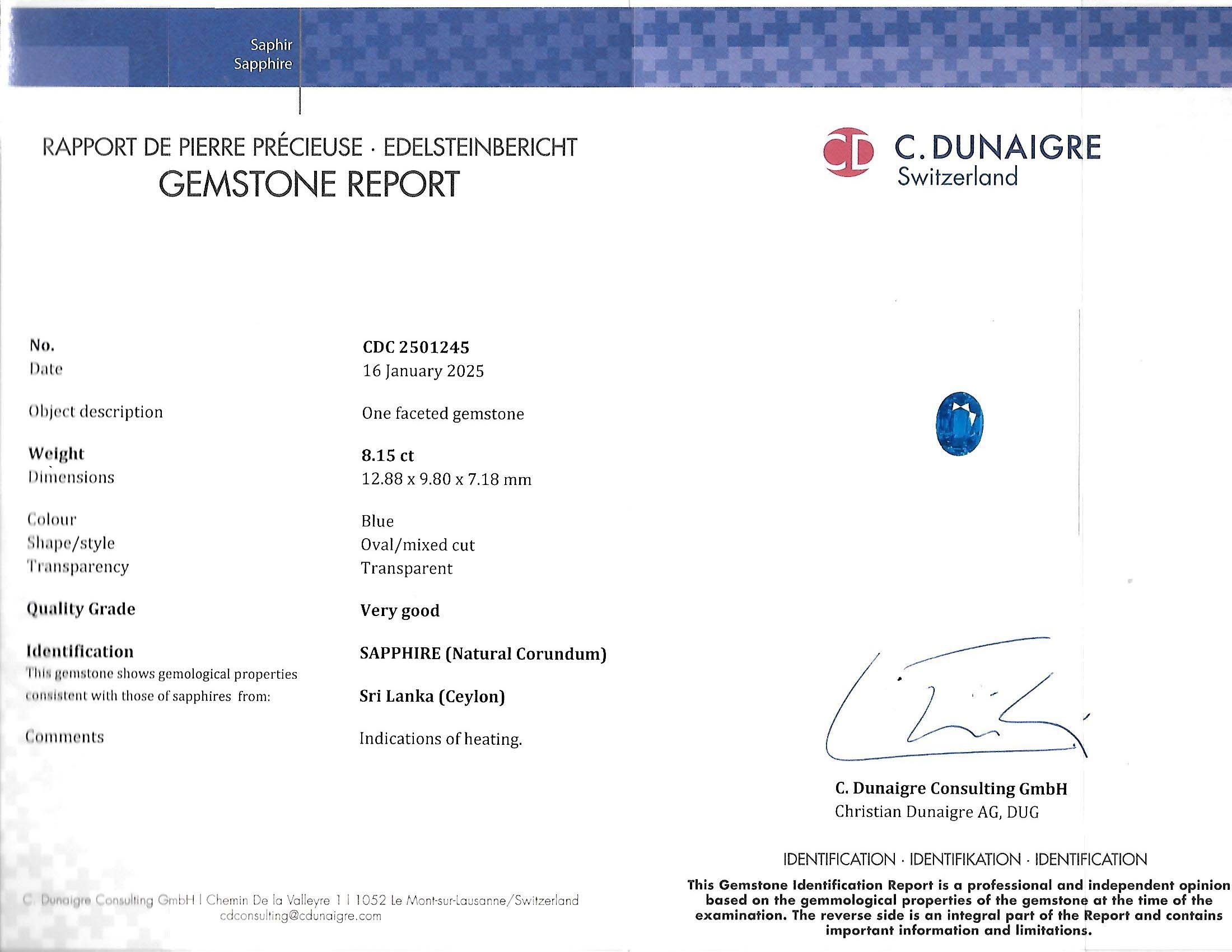 8.15 Ct. Blue Sapphire from Ceylon (Sri Lanka)