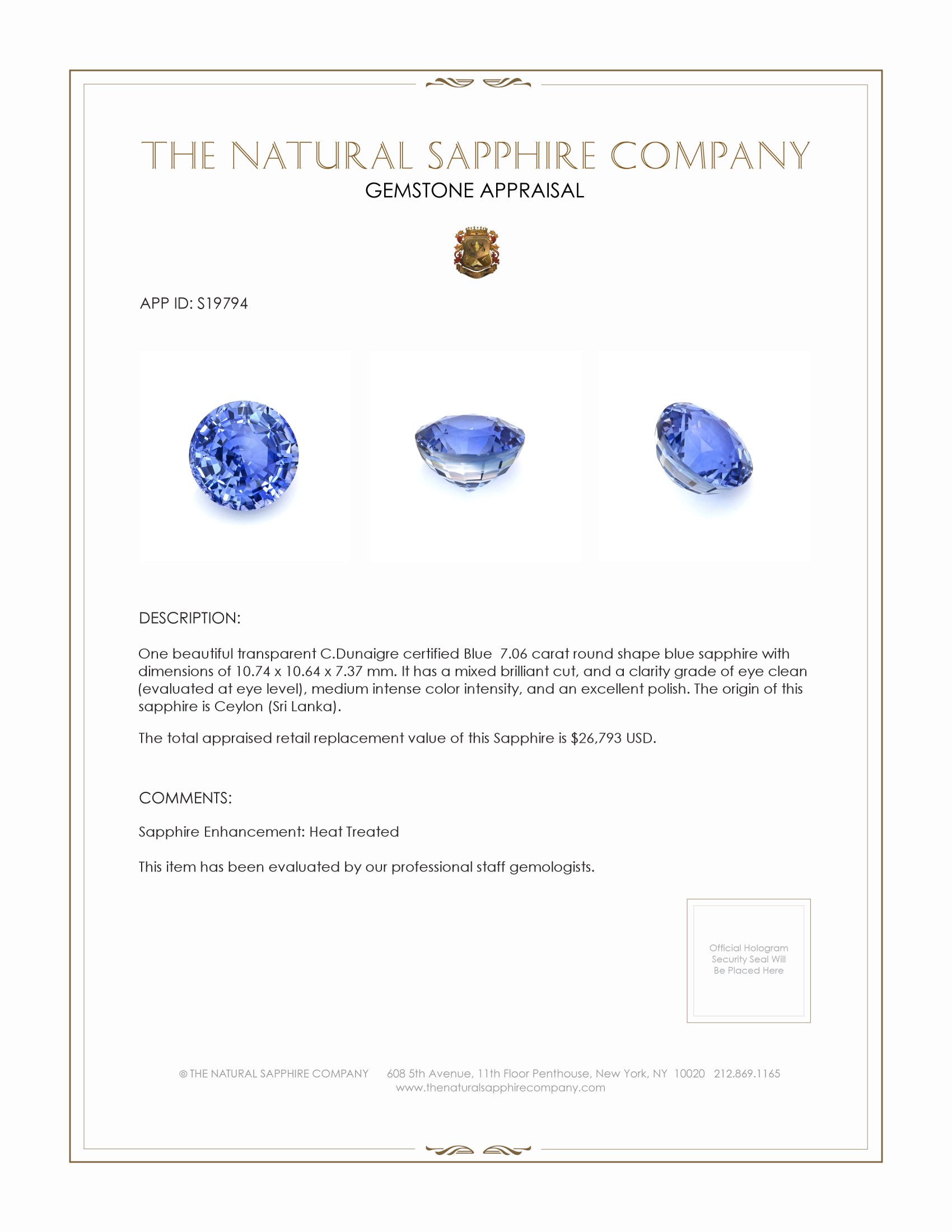 7.06 Ct. Blue Sapphire from Ceylon (Sri Lanka)