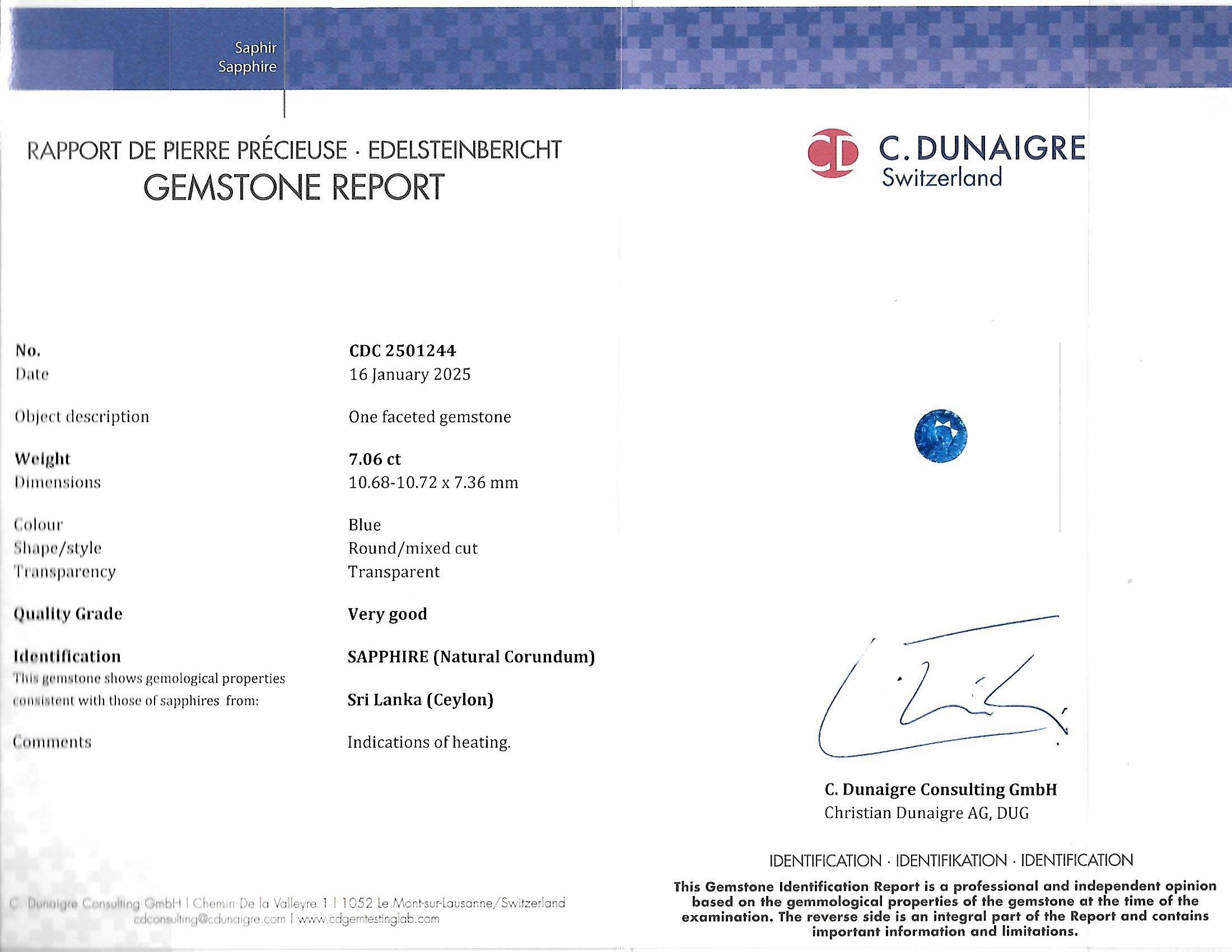 7.06 Ct. Blue Sapphire from Ceylon (Sri Lanka)