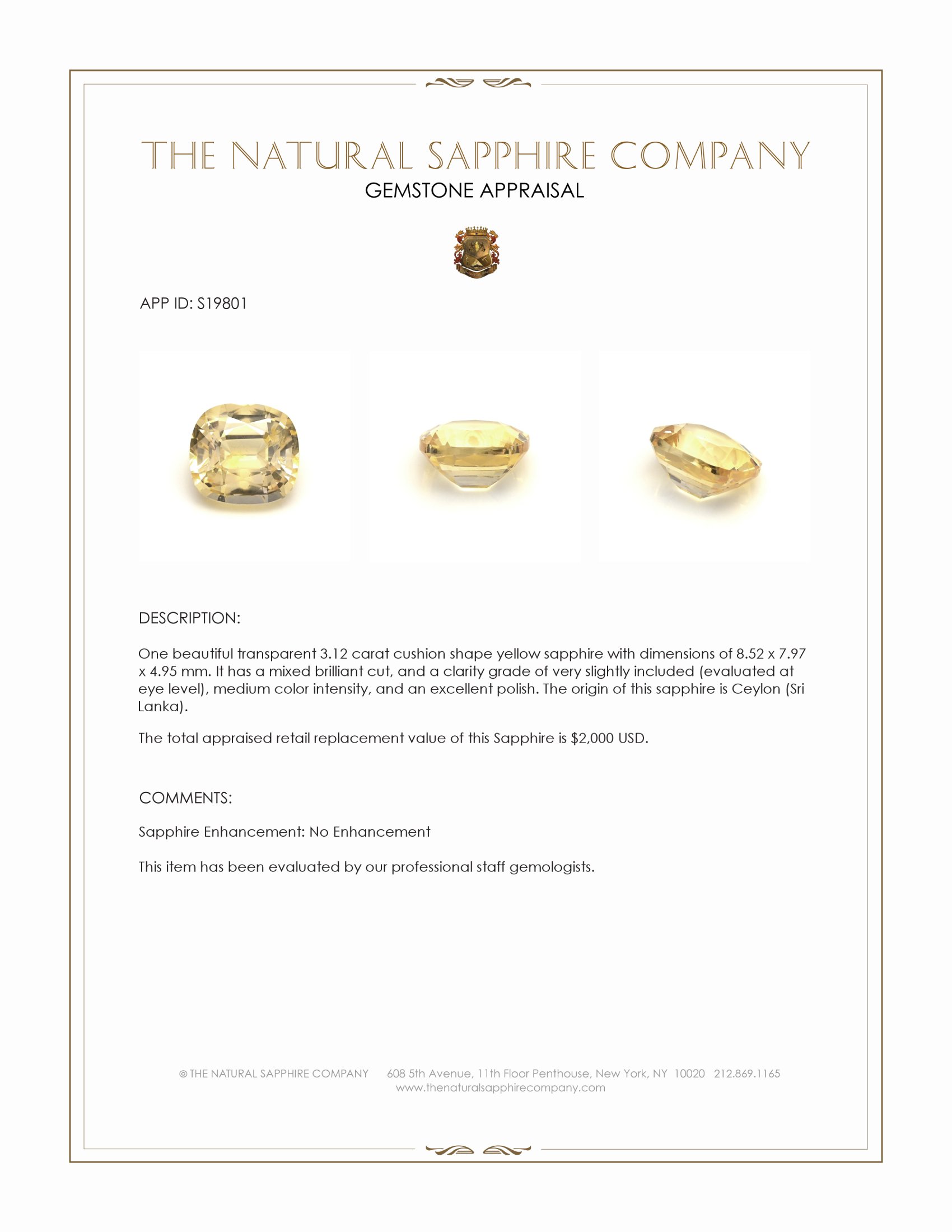 3.12 Ct. Yellow Sapphire from Ceylon (Sri Lanka)