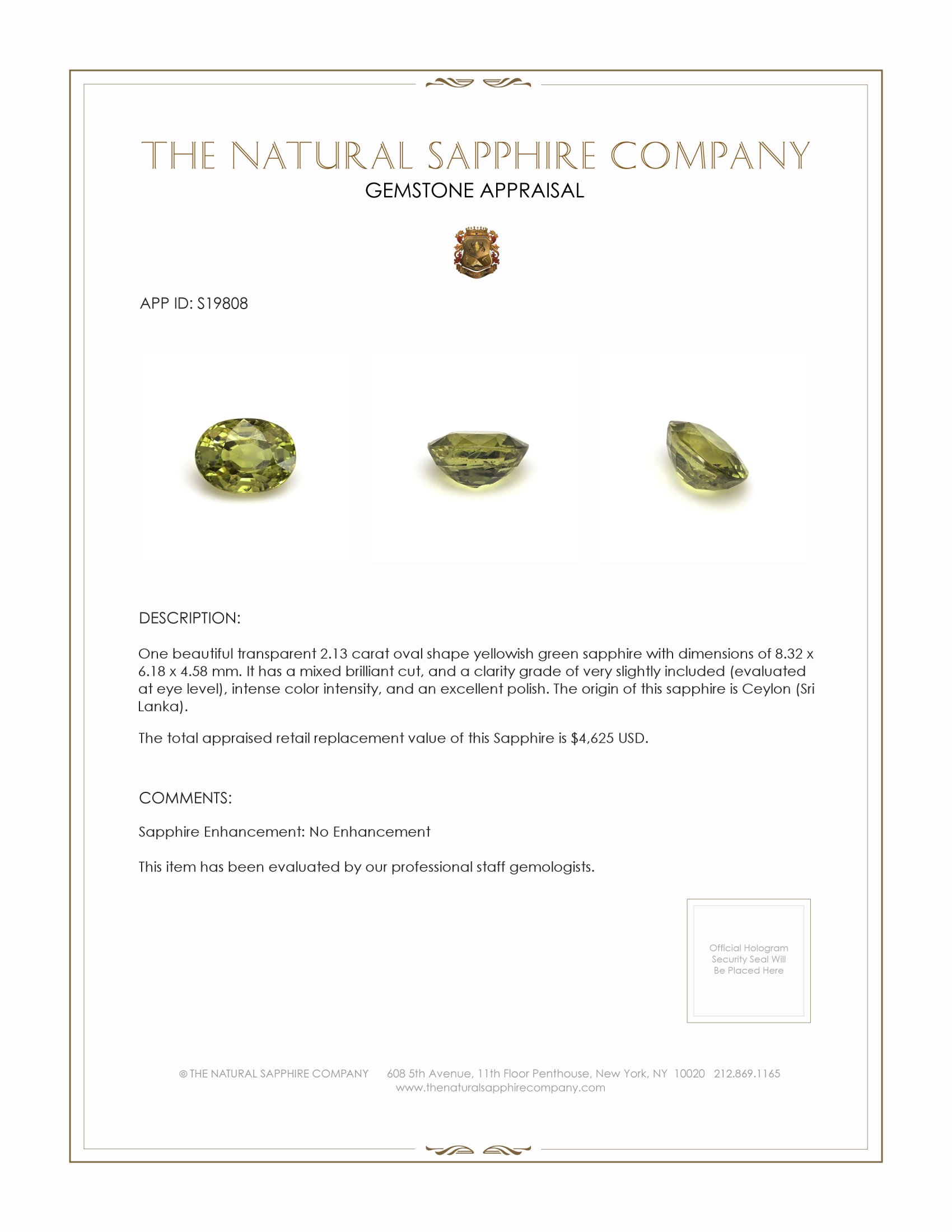 2.13 Ct. Yellowish Green Sapphire from Ceylon (Sri Lanka)