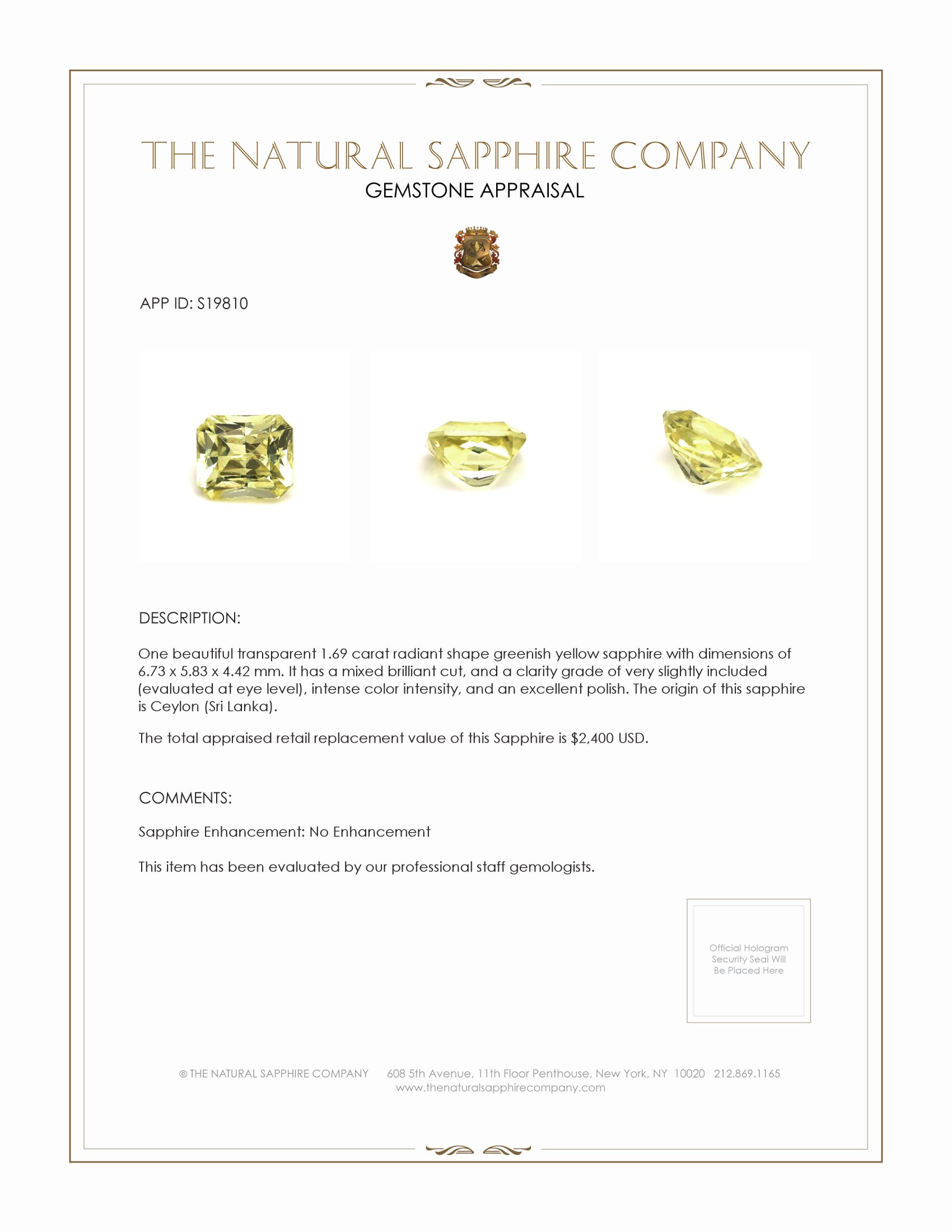 1.69 Ct. Greenish Yellow Sapphire from Ceylon (Sri Lanka)