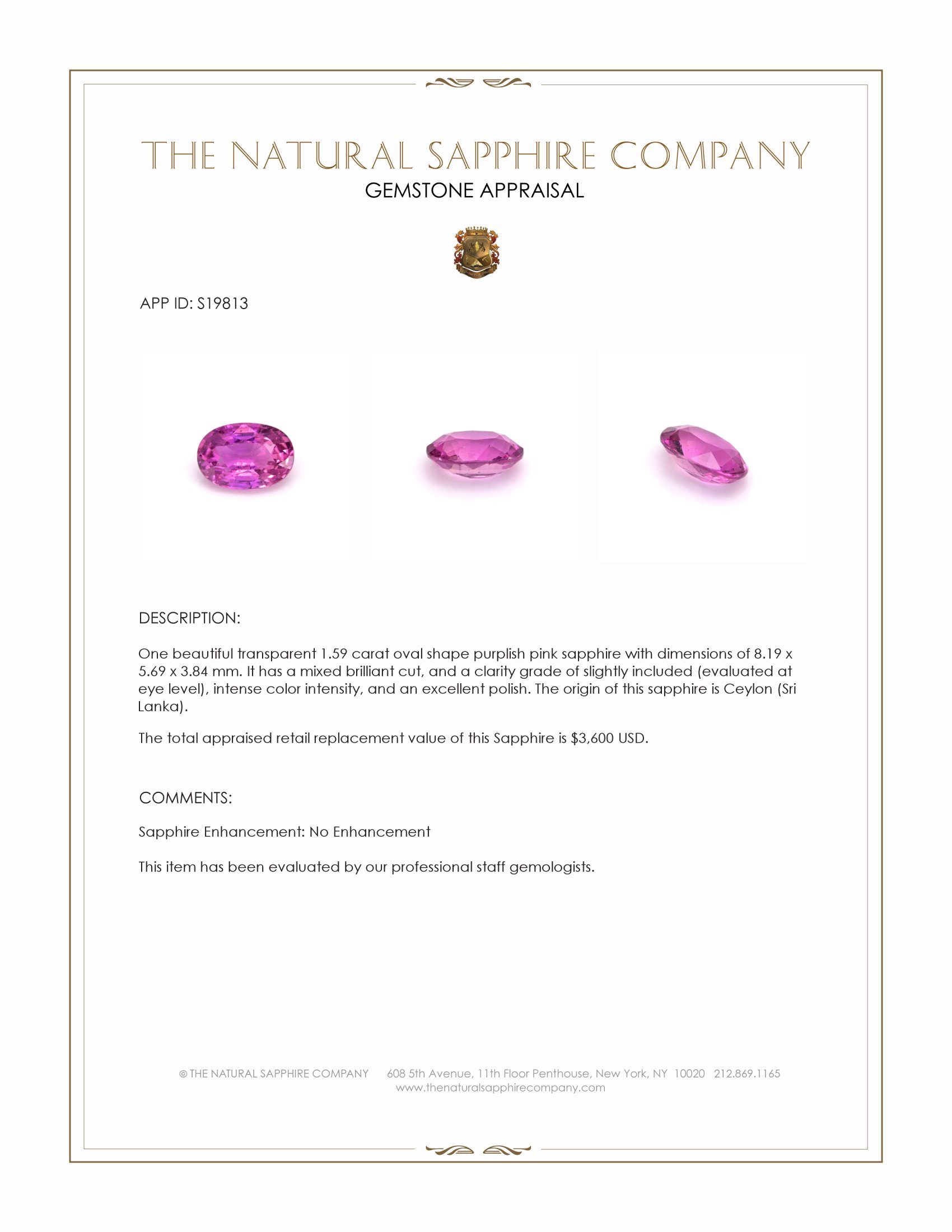 1.59 Ct. Purplish Pink Sapphire from Ceylon (Sri Lanka)