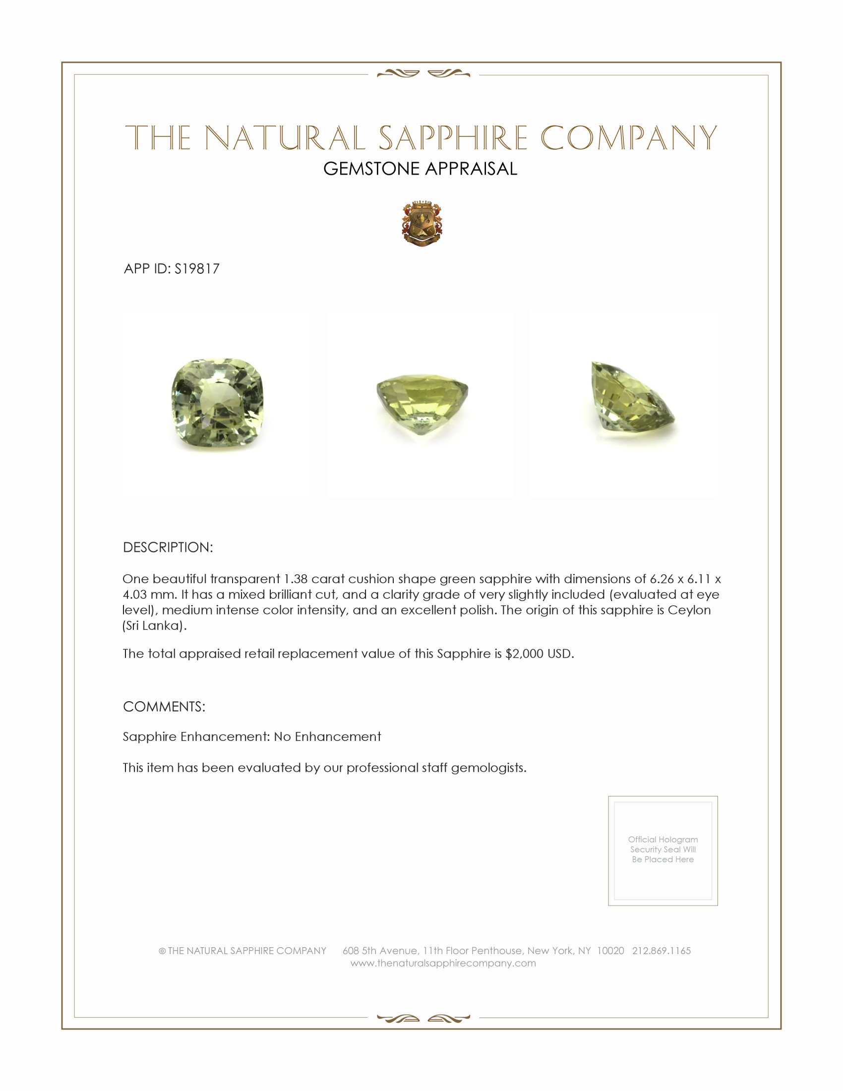 1.38 Ct. Green Sapphire from Ceylon (Sri Lanka)