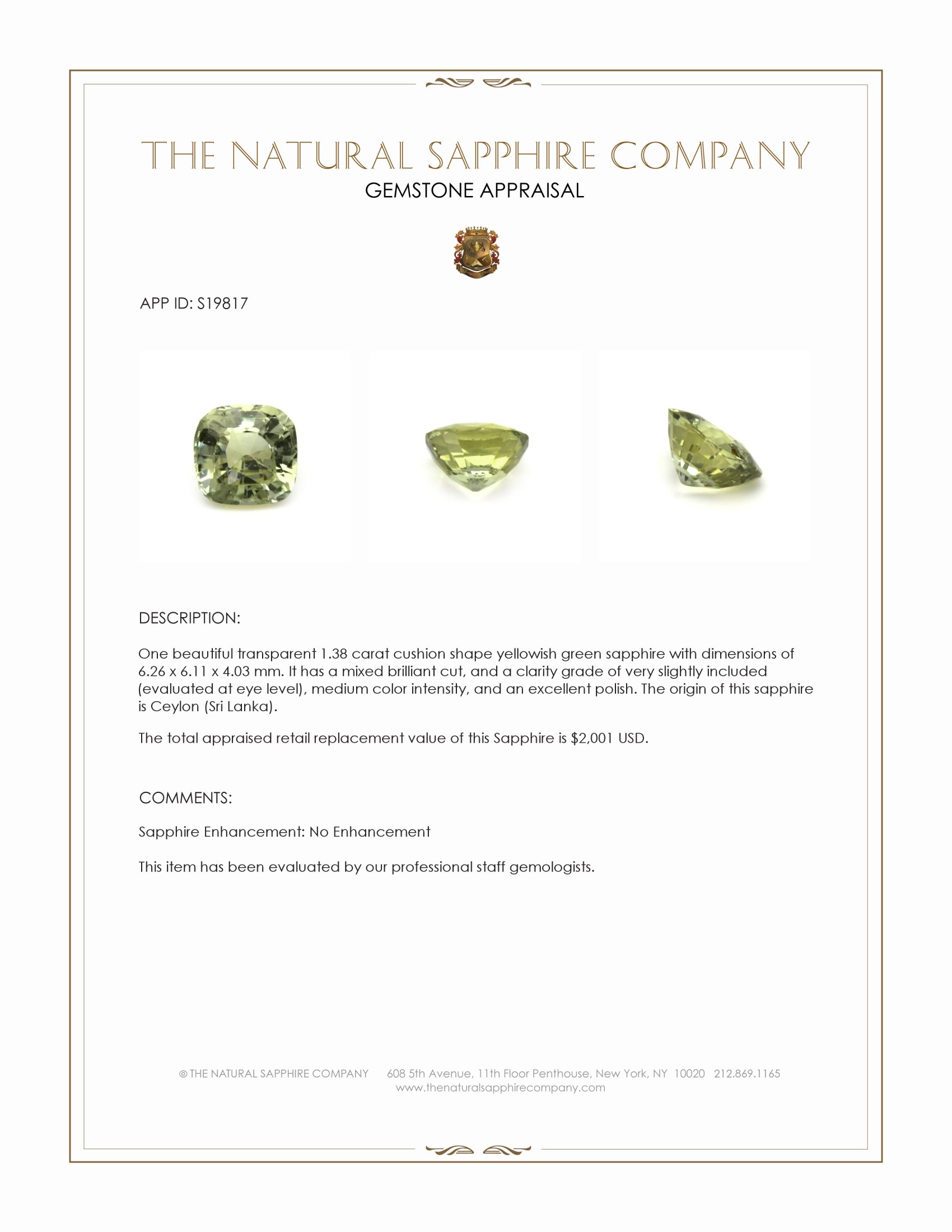 1.38 Ct. Yellowish Green Sapphire from Ceylon (Sri Lanka)