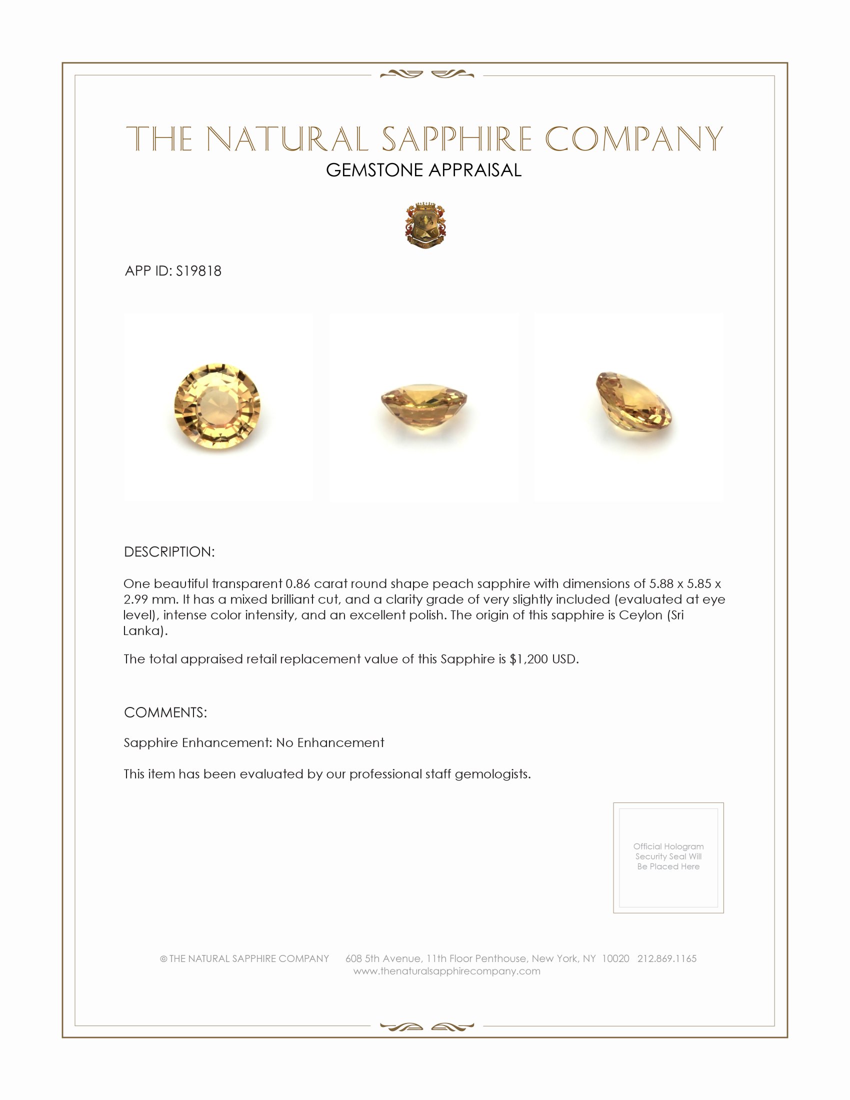 0.86 Ct. Peach Sapphire from Ceylon (Sri Lanka)