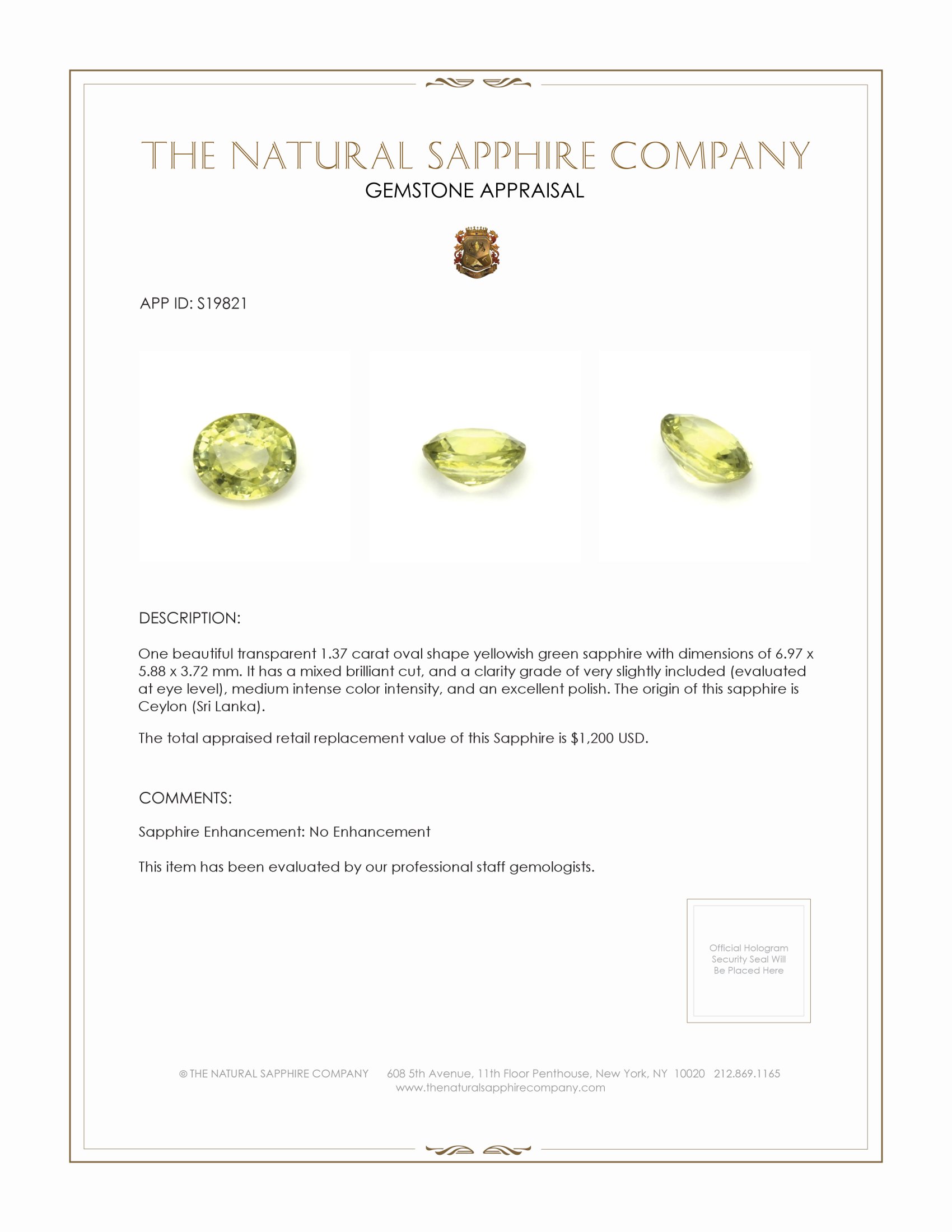 1.37 Ct. Yellowish Green Sapphire from Ceylon (Sri Lanka)