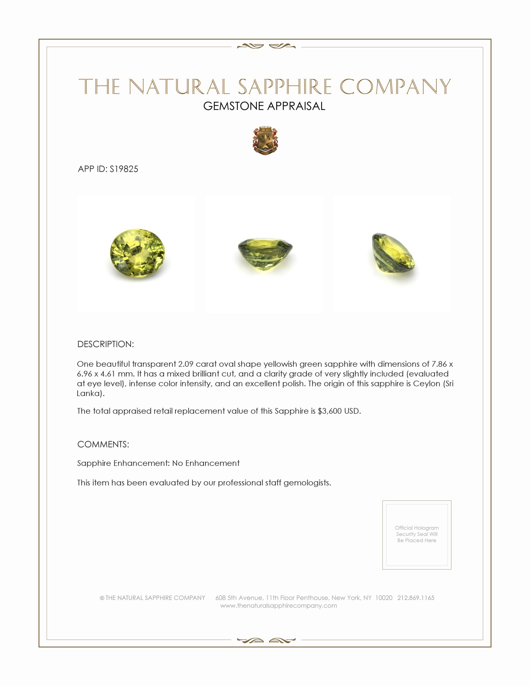 2.09 Ct. Yellowish Green Sapphire from Ceylon (Sri Lanka)