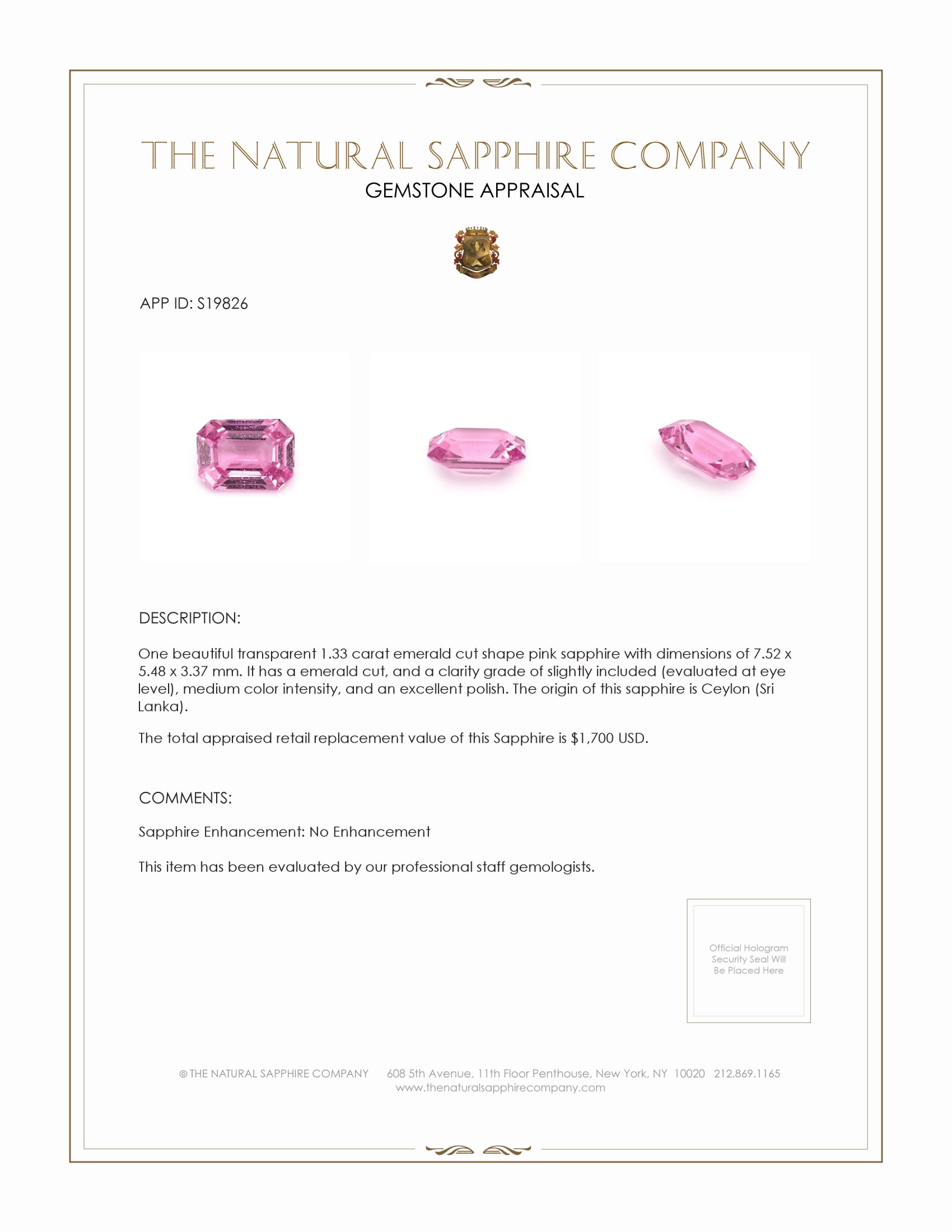 1.33 Ct. Pink Sapphire from Ceylon (Sri Lanka)