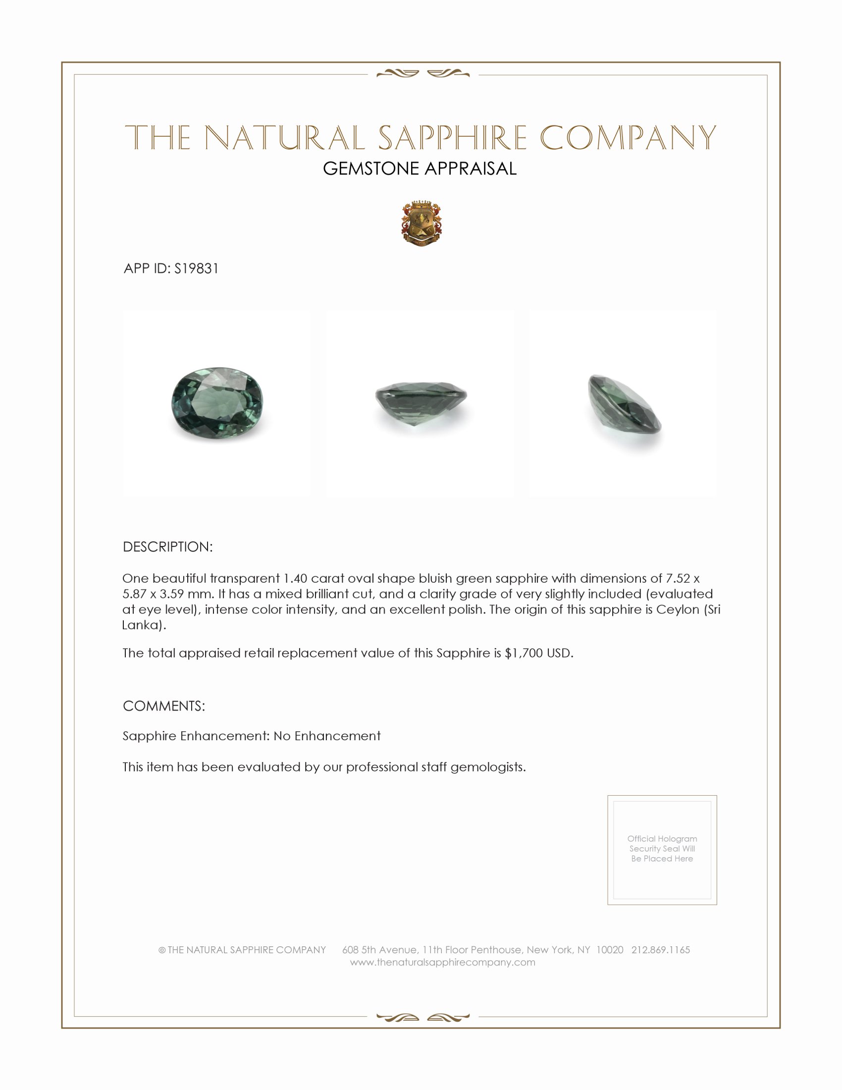 1.40 Ct. Bluish Green Sapphire from Ceylon (Sri Lanka)
