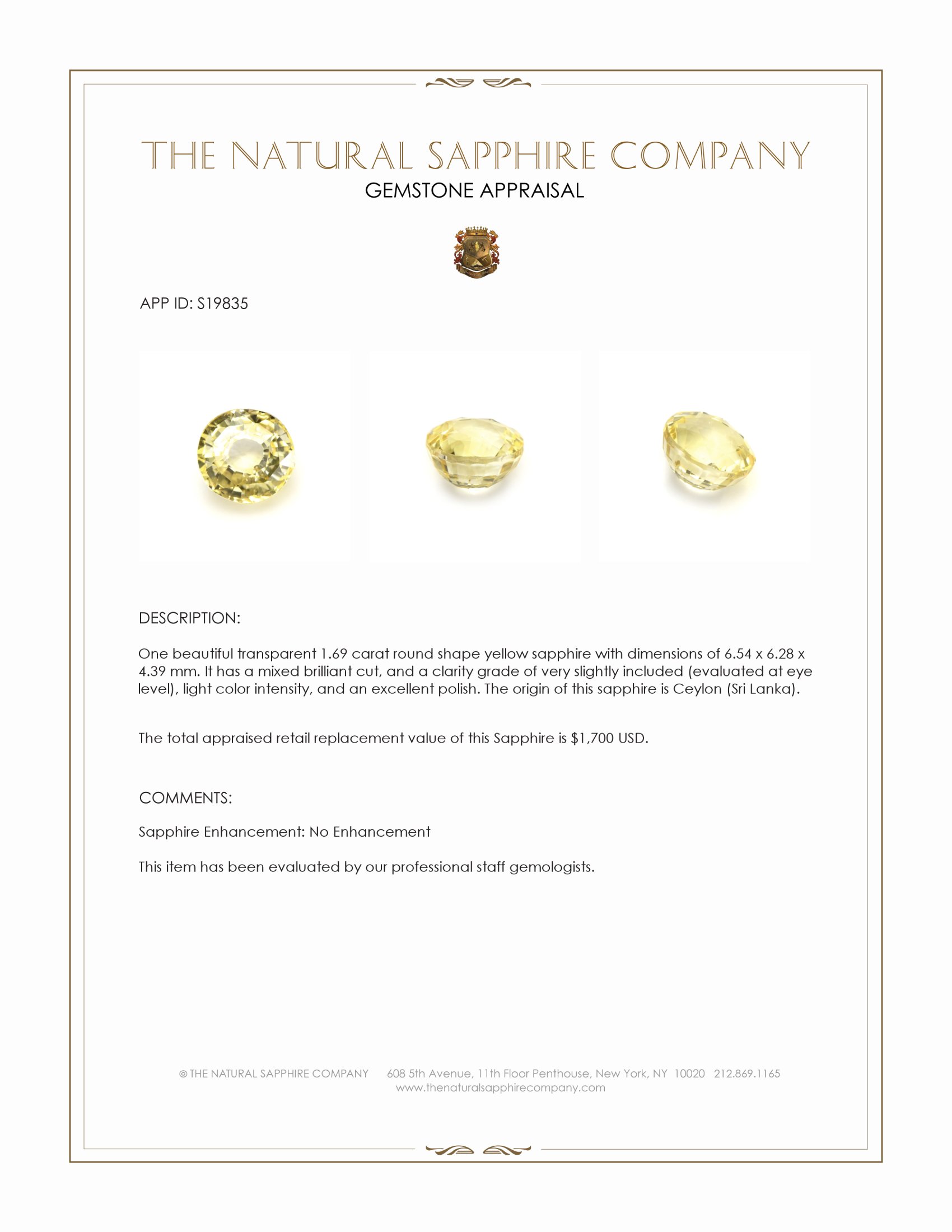 1.69 Ct. Yellow Sapphire from Ceylon (Sri Lanka)