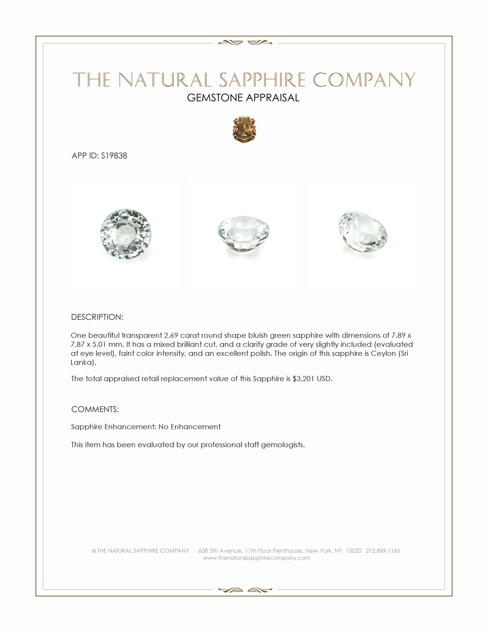2.69 Ct. Bluish Green Sapphire from Ceylon (Sri Lanka)
