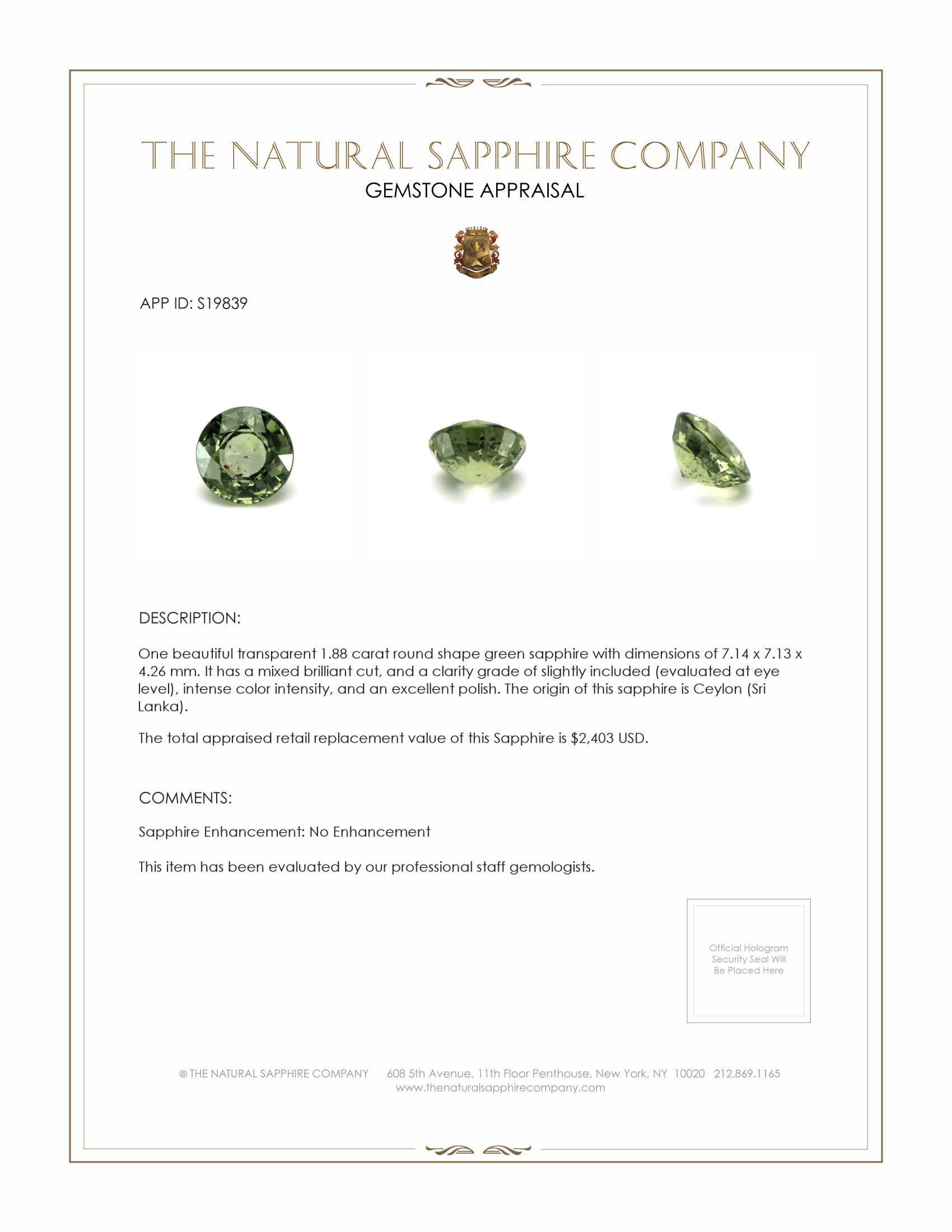1.88 Ct. Green Sapphire from Ceylon (Sri Lanka)