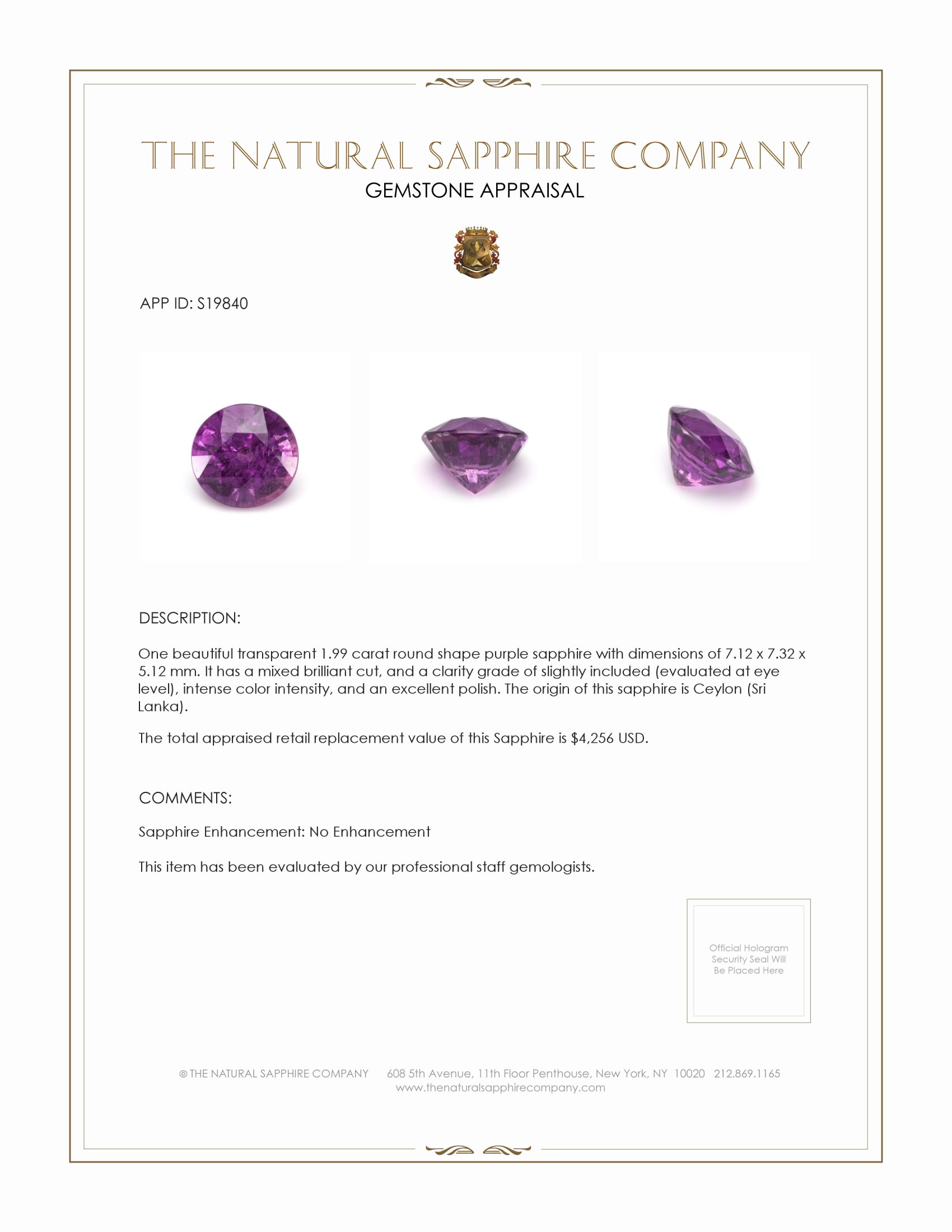 1.99 Ct. Purple Sapphire from Ceylon (Sri Lanka)