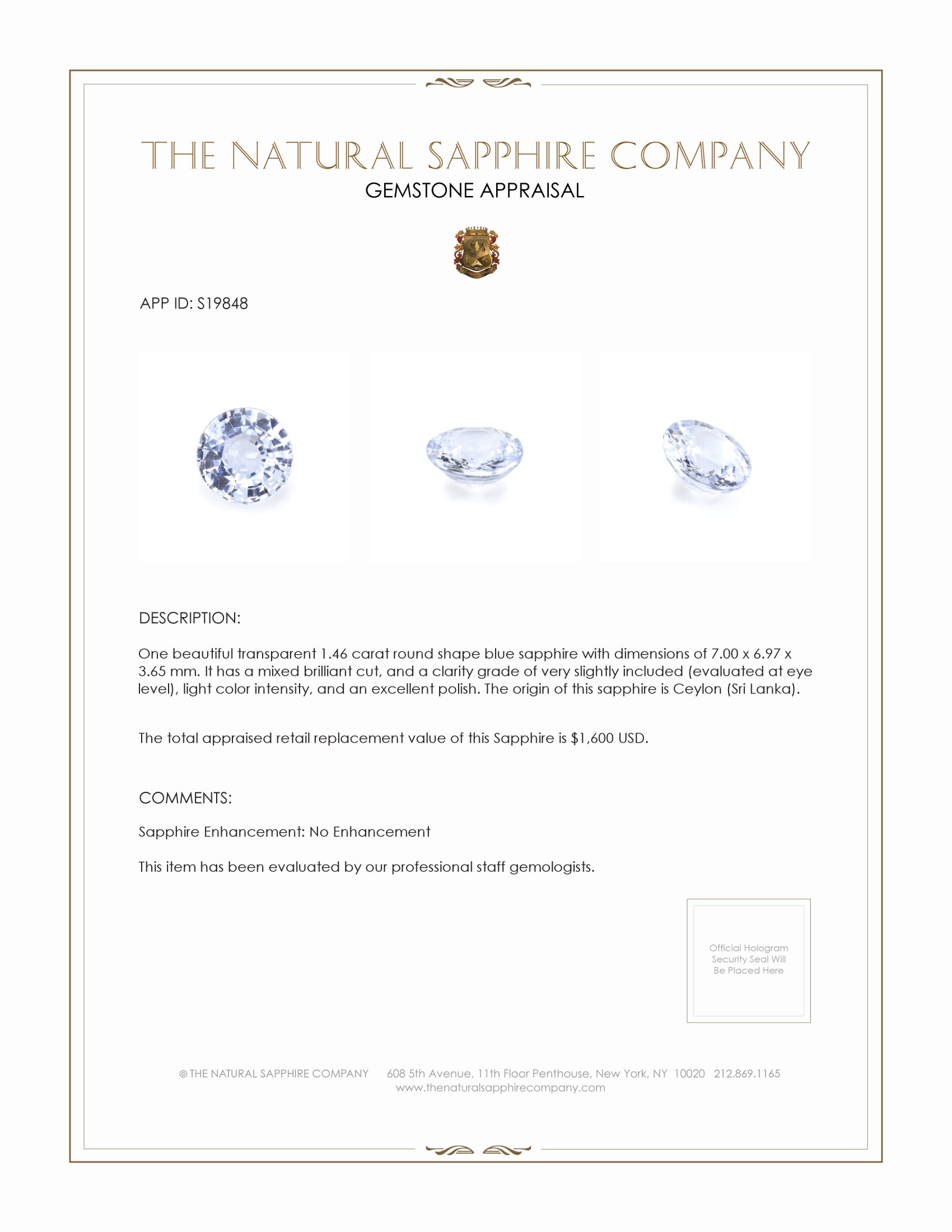 1.46 Ct. Blue Sapphire from Ceylon (Sri Lanka)